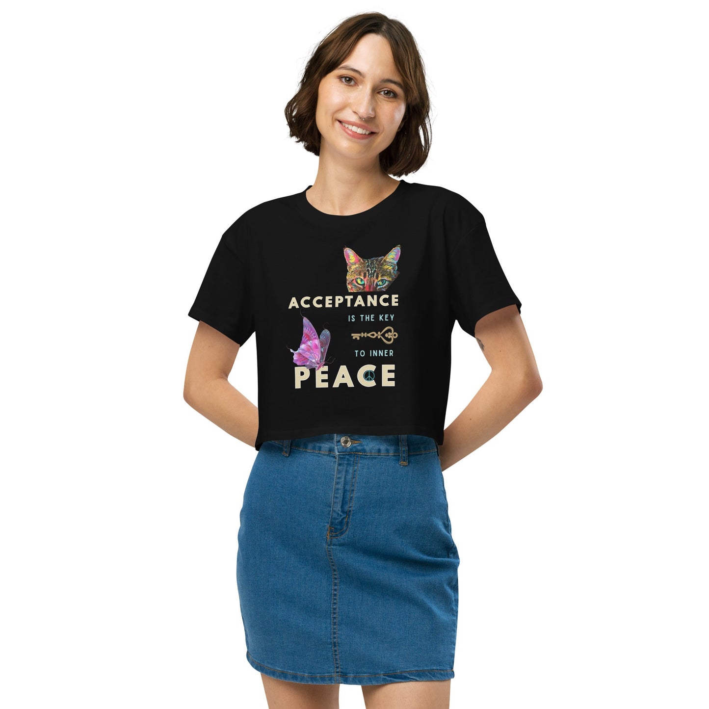 Acceptance is the Key to Inner Peace Women’s Crop Top - My Social Cat Bonafide Boutique LLCAcceptance is the Key to Inner Peace Women’s Crop TopT-shirtMy Social Cat Bonafide Boutique LLCBlackSacceptancecrop