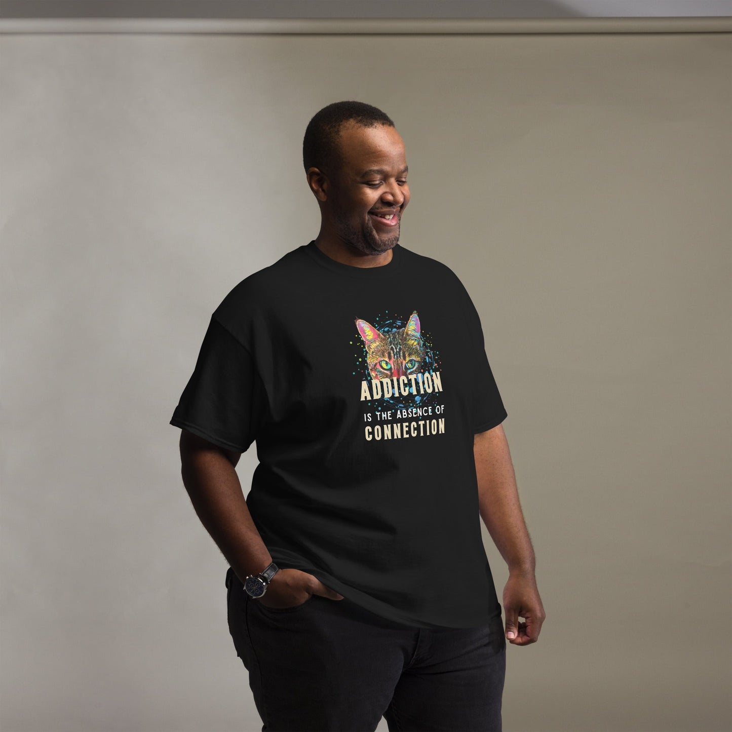 Addiction Is The Absence of Connection Unisex Classic Tee - My Social Cat Bonafide Boutique LLCAddiction Is The Absence of Connection Unisex Classic TeeT-shirtMy Social Cat Bonafide Boutique LLCBlackSaddictioncat
