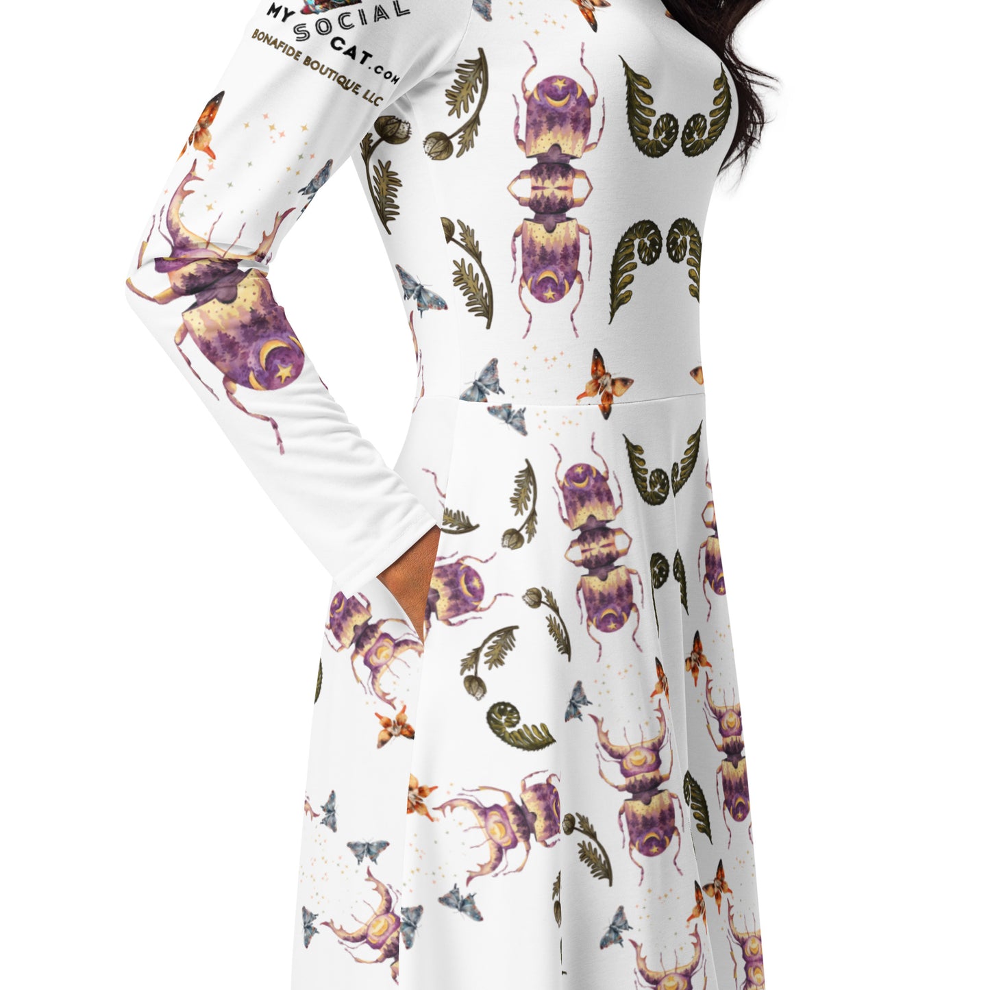 Scarab Beetle All-Over Print Long Sleeve midi Dress