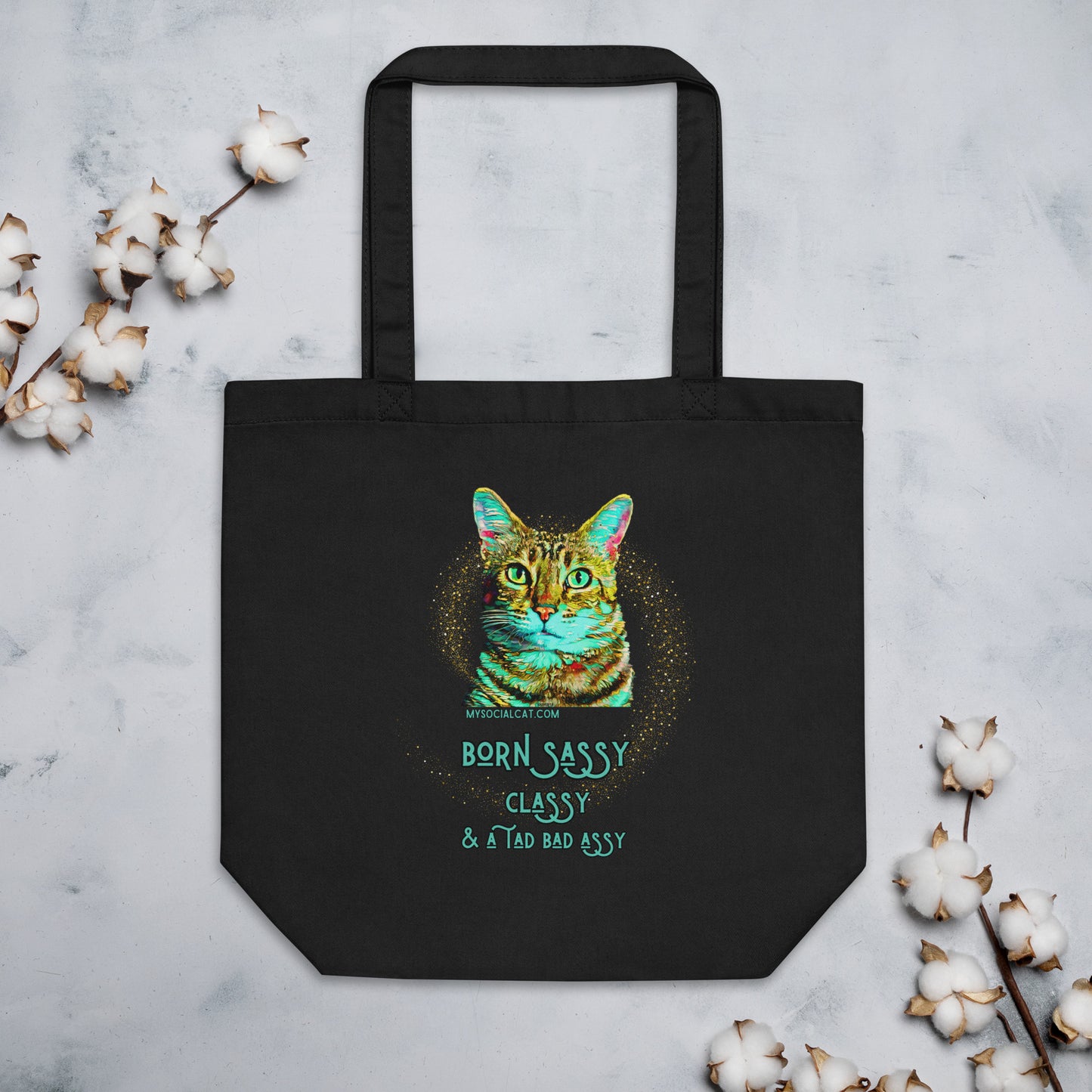eco tote bag black front cat