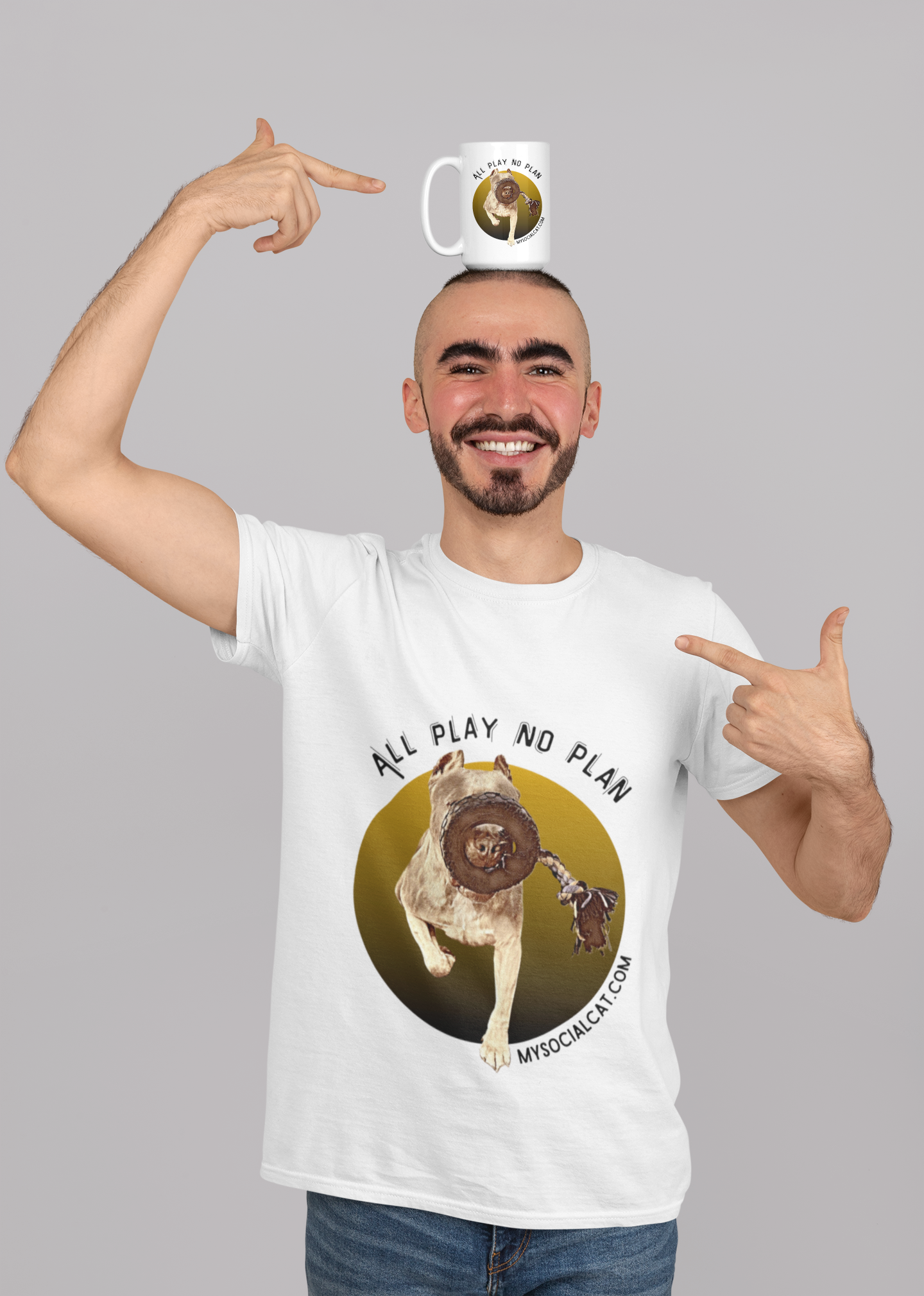 t-shirt mockup of a bearded man with a 15-oz mug over his head