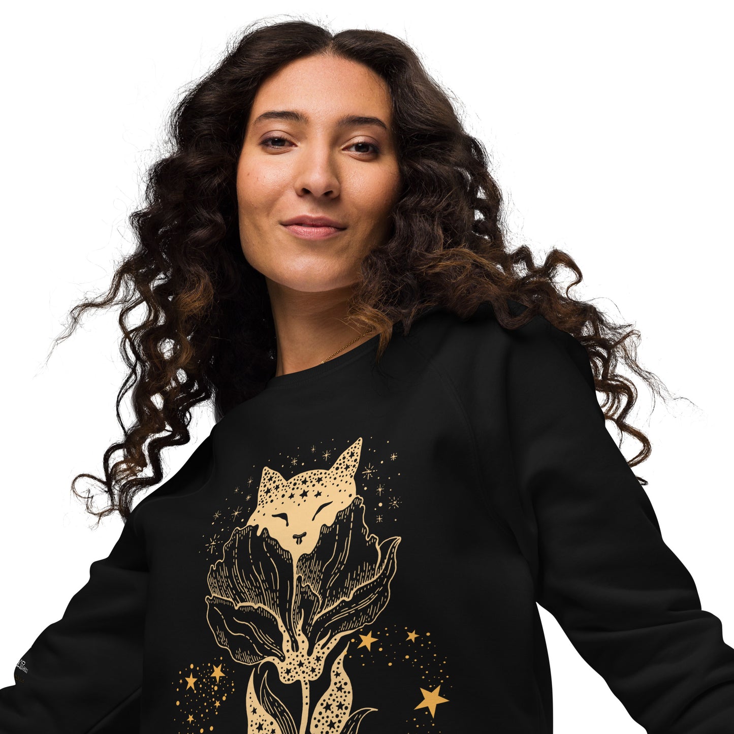 young woman wearing black sweatshirt close up on white background