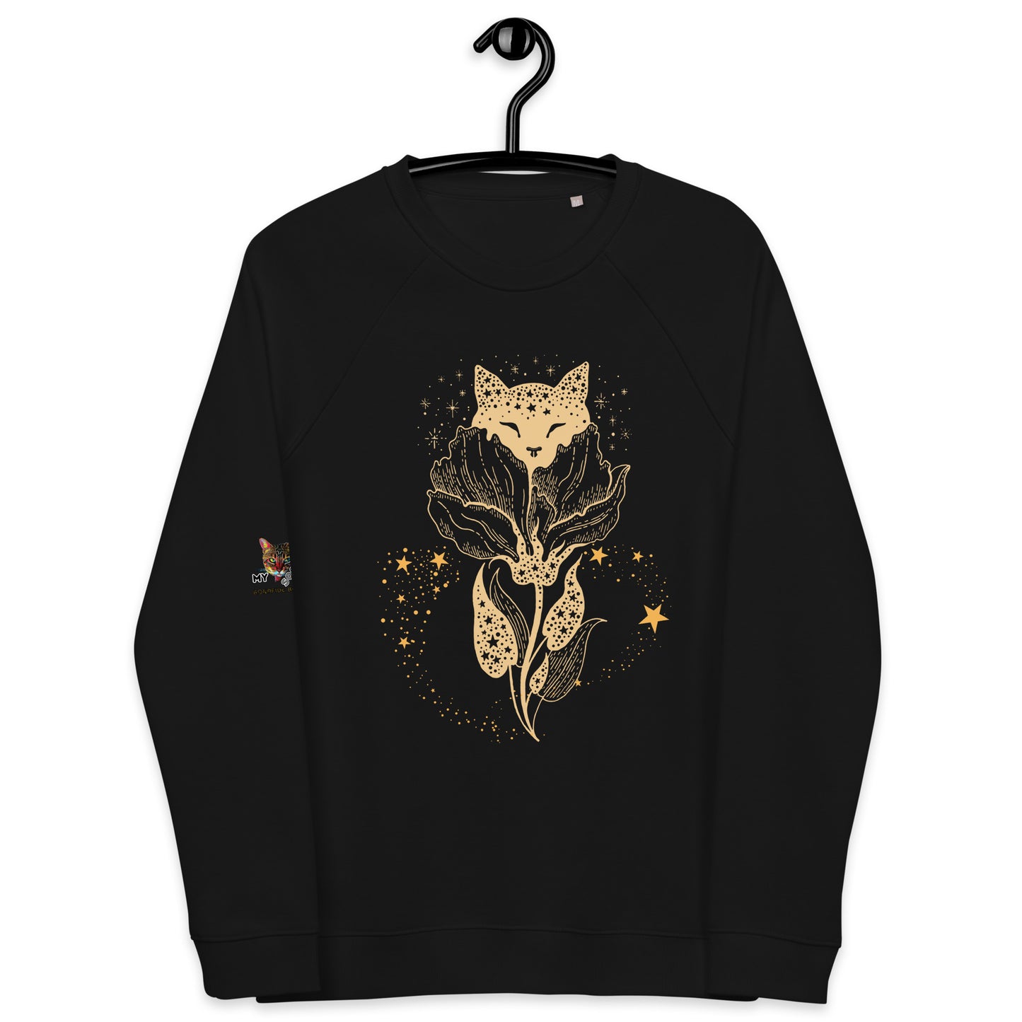 black sweatshirt on hanger on white background