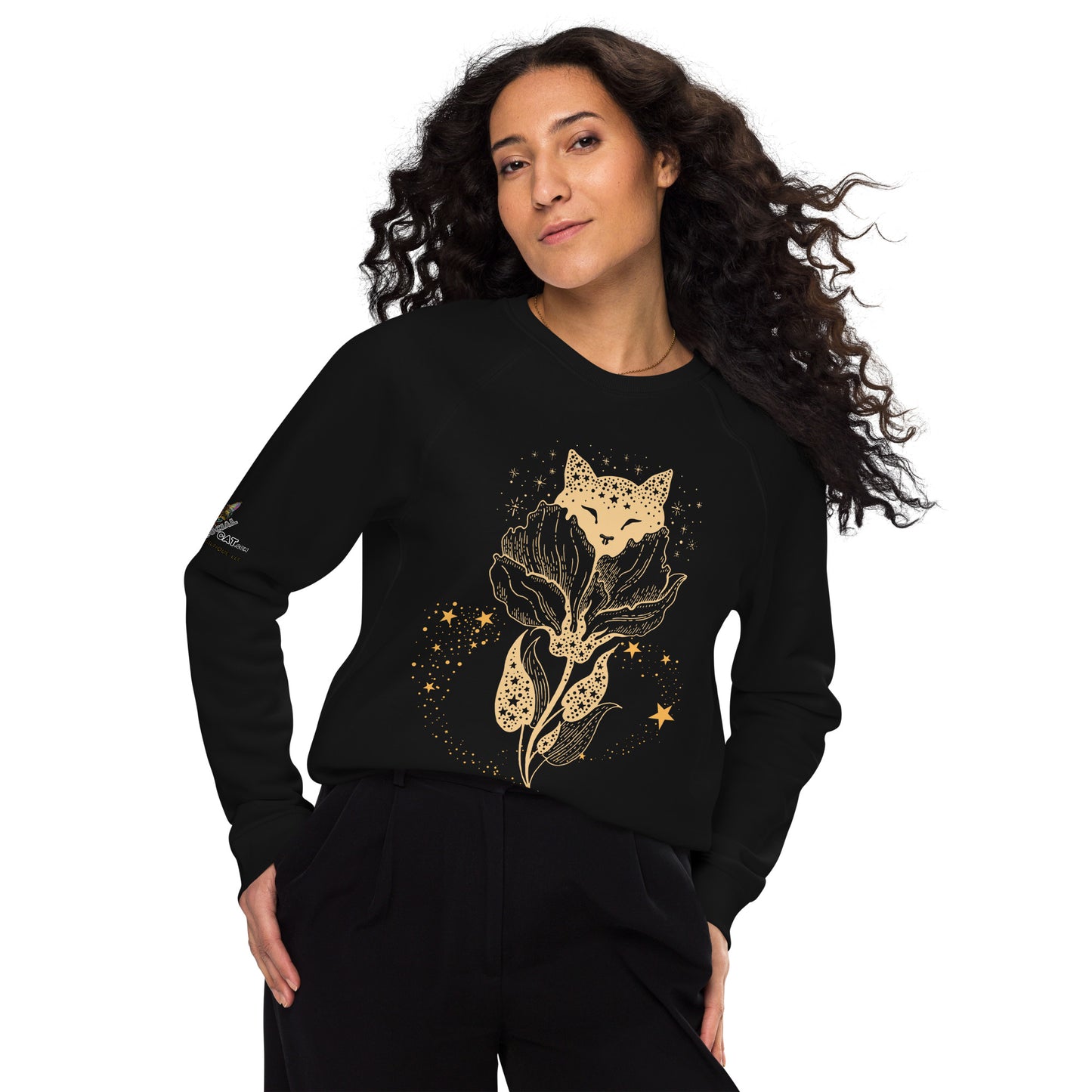 young woman wearing black sweatshirt on white background