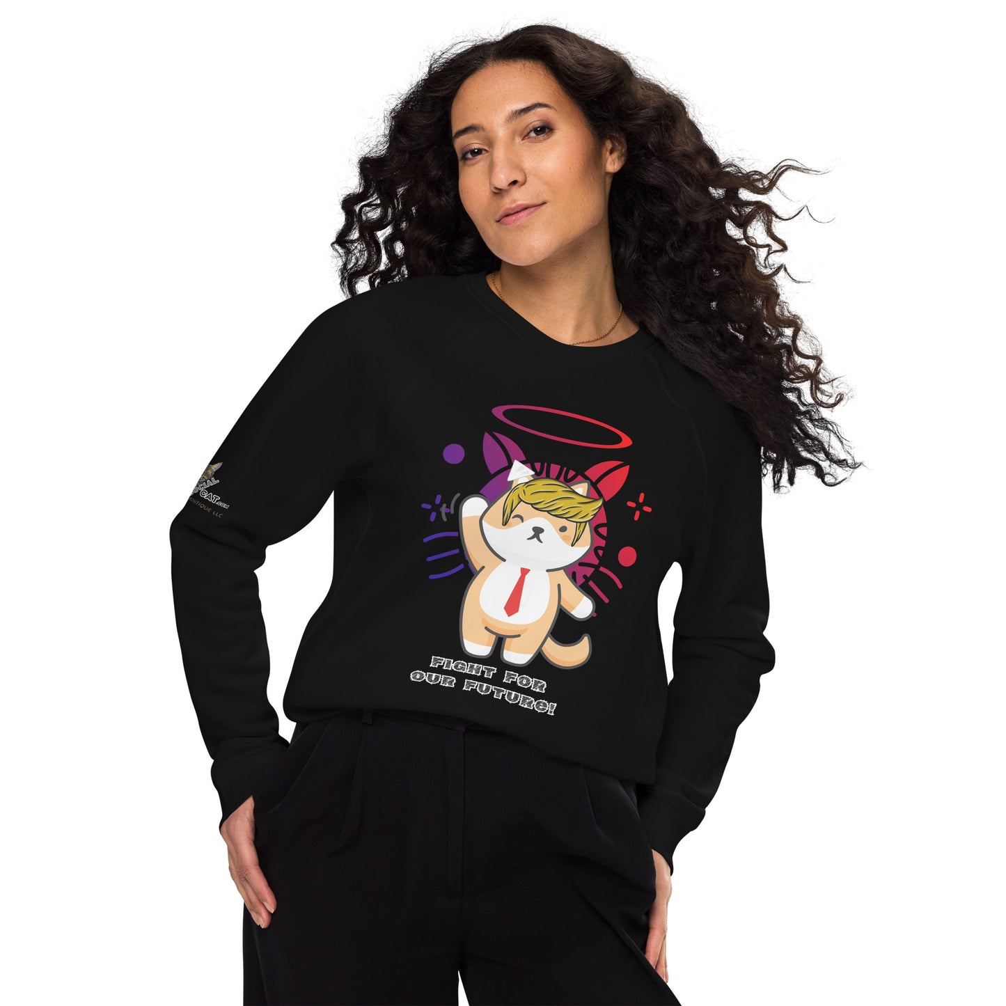 young hispanic woman standing smiling long curly hair white background hands in pants pockets wearing unisex black organic sweatshirt cat trump design fight for our future