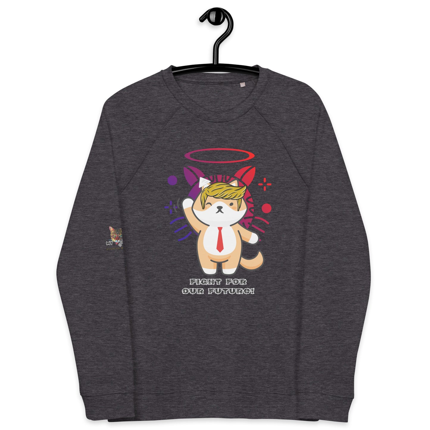 unisex organic sweatshirt grey charcoal melange trump cat design fight for our future