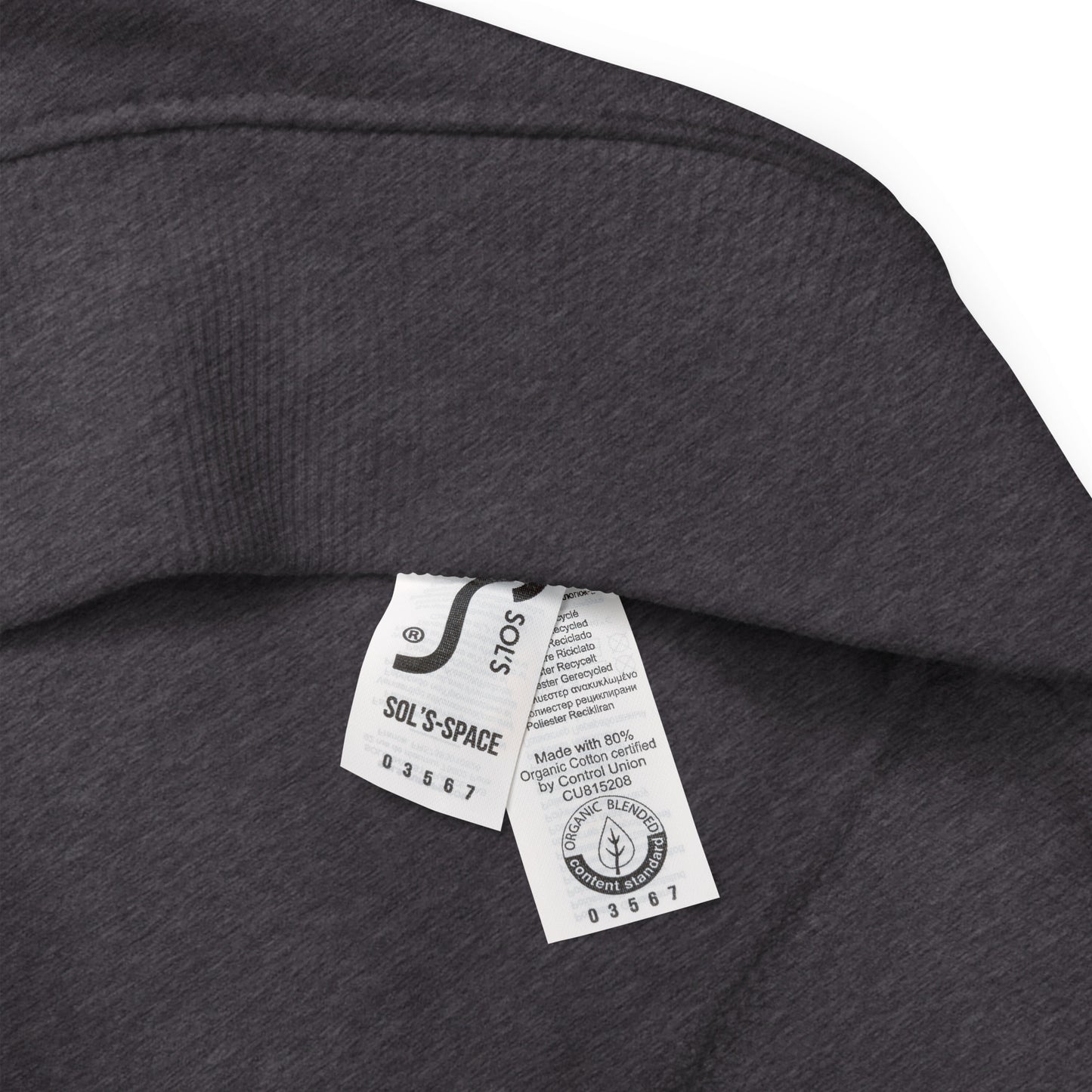 charcoal melange sweatshirt close up tag brushed fleece on white background