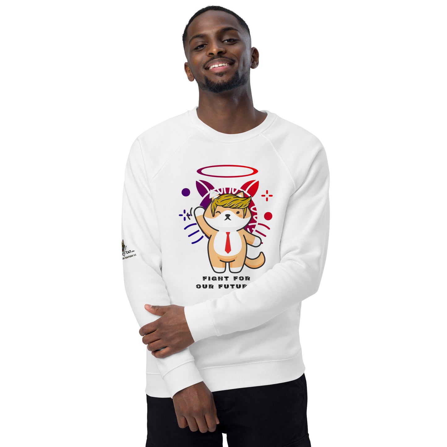 young black man standing holding hands smiling wearing white sweatshirt