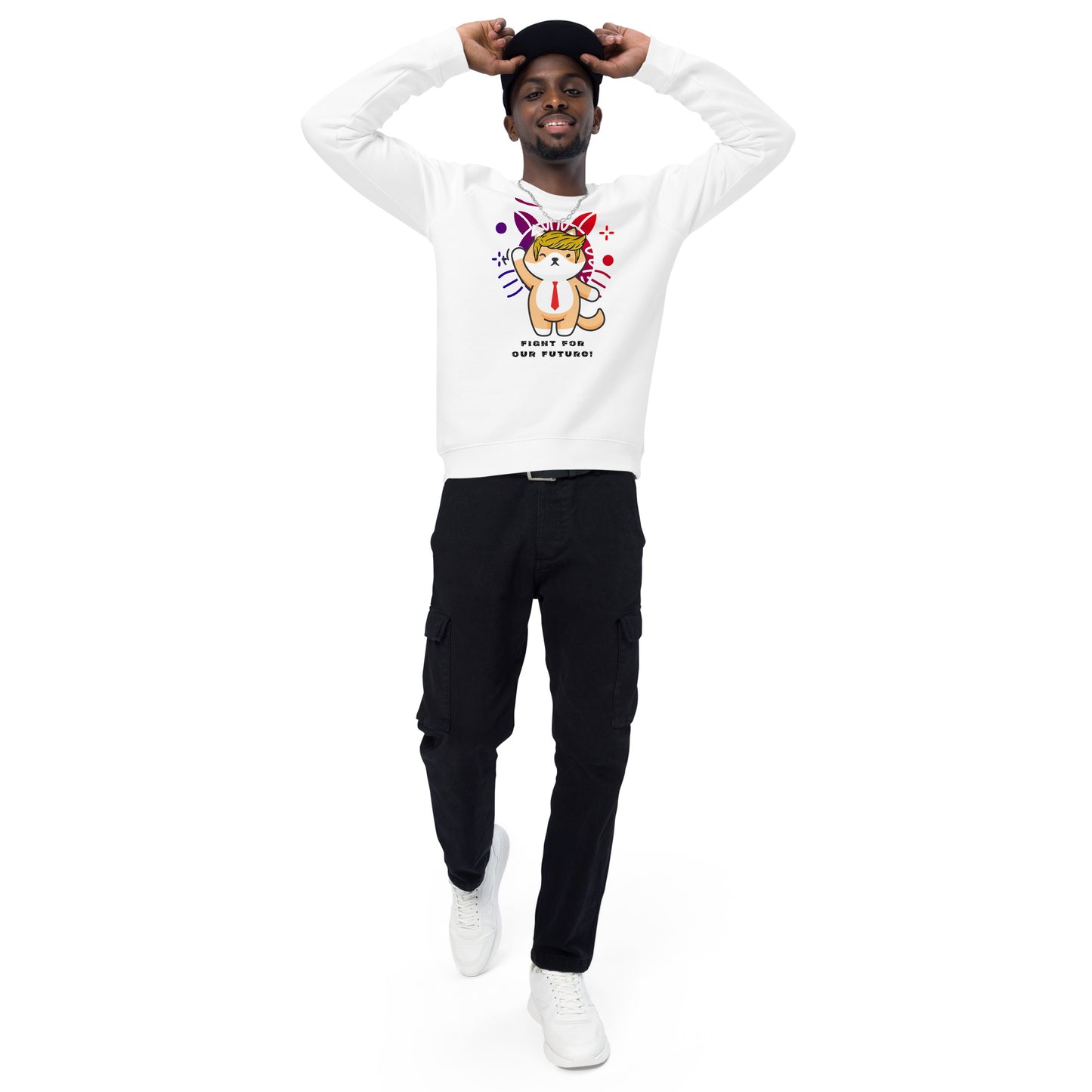 young black man standing hands on black cap wearing white sweatshirt black pants white background