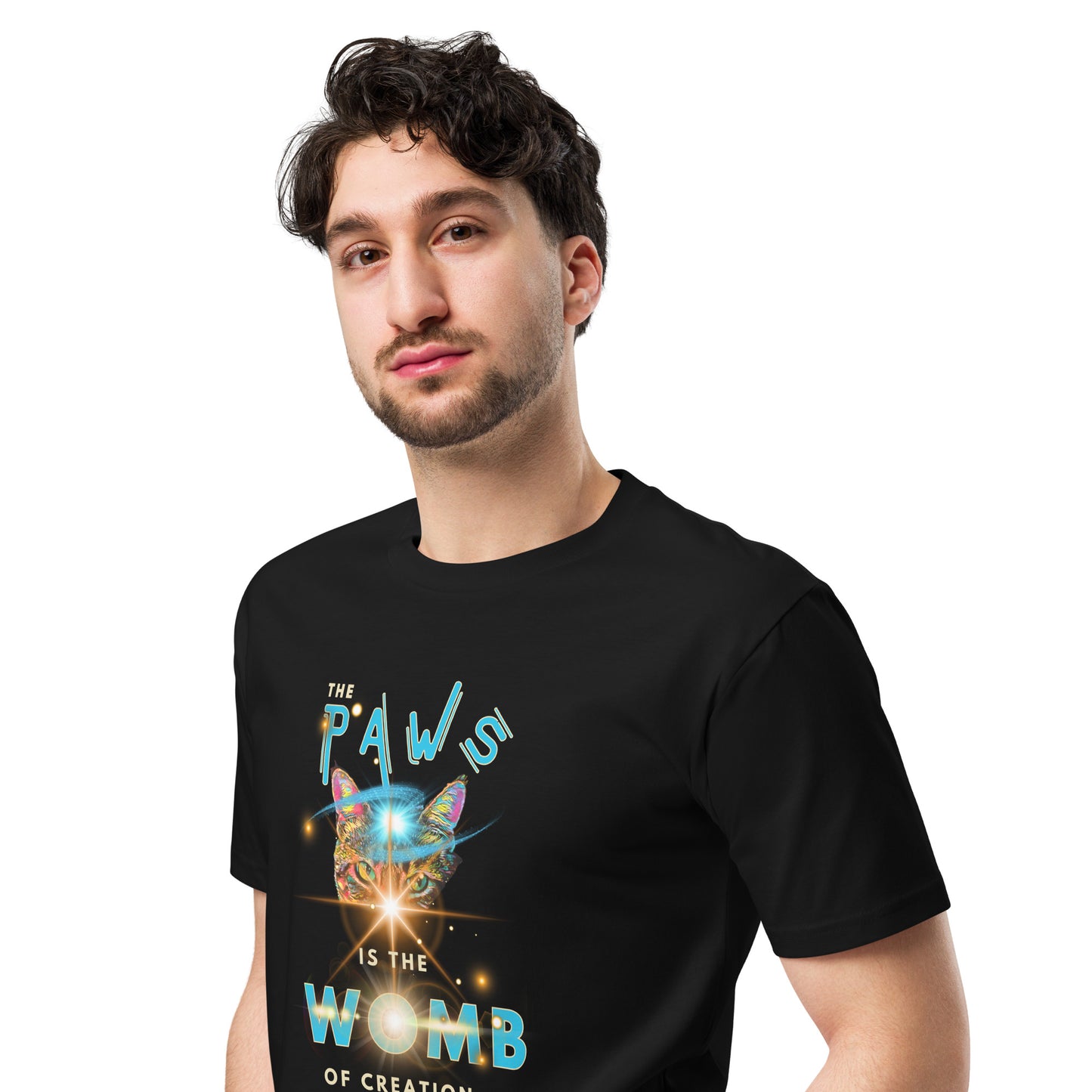 Person wearing a black t-shirt with a colorful graphic and text.