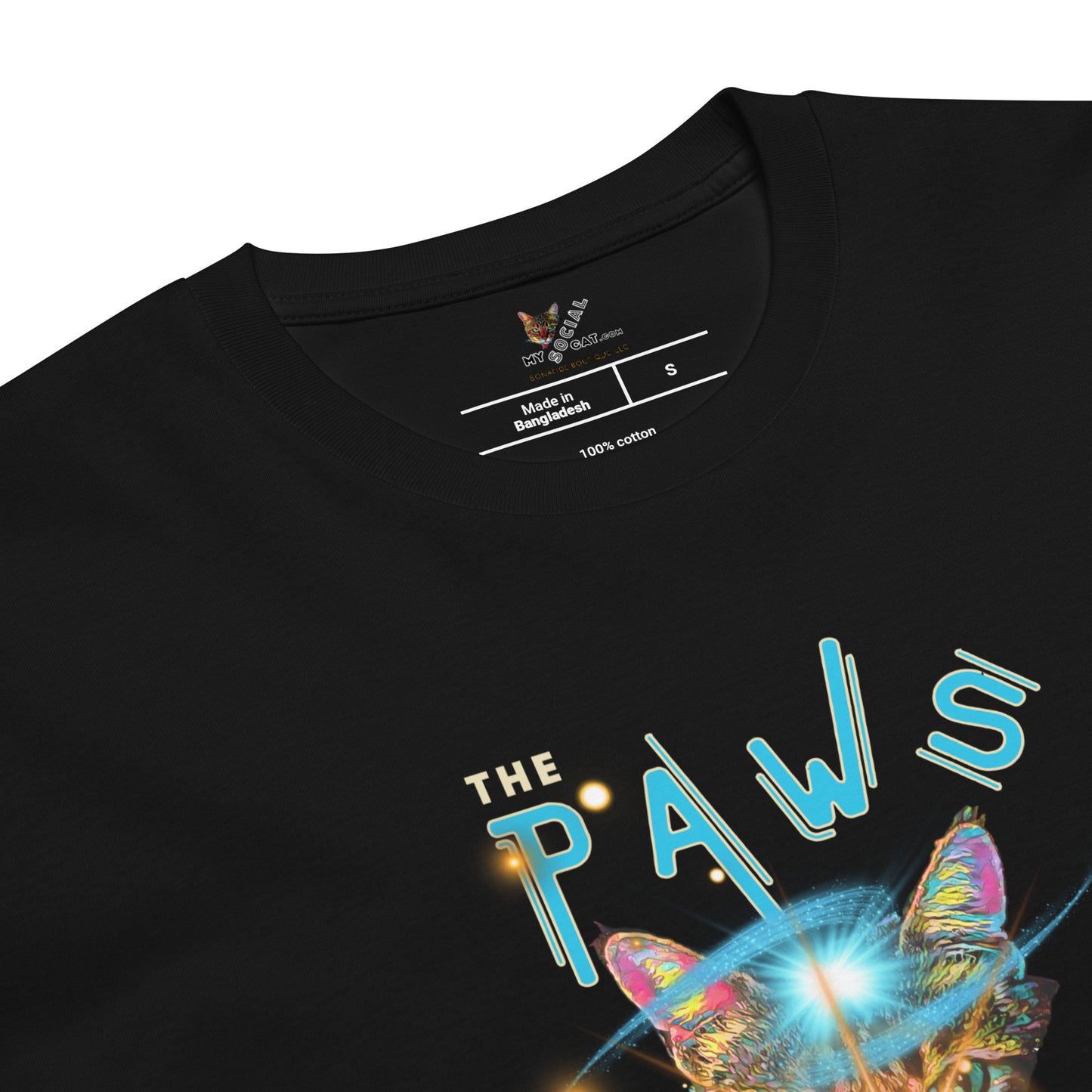 Black t-shirt with 'The Paws' design featuring butterflies on a white background