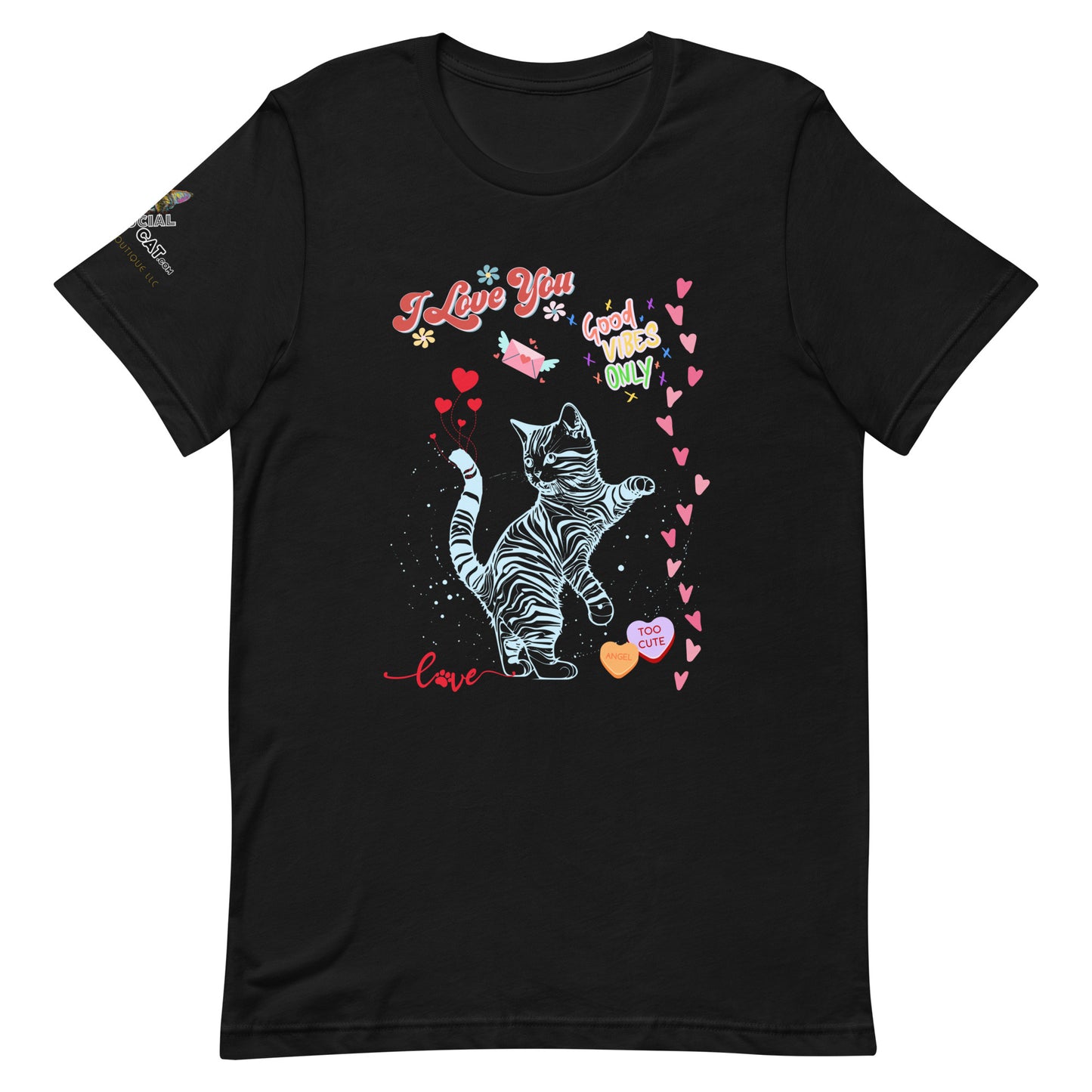 unisex black tshirt on white background i love you good vibes only