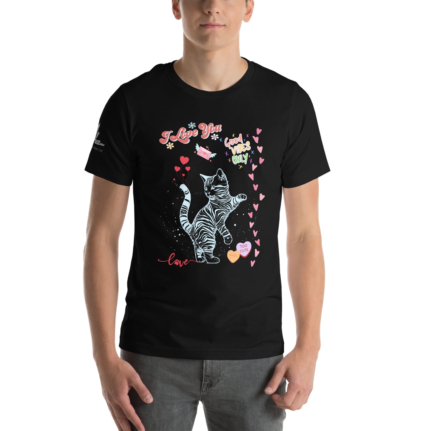 young man wearing unisex black tshirt on white background i love you good vibes only
