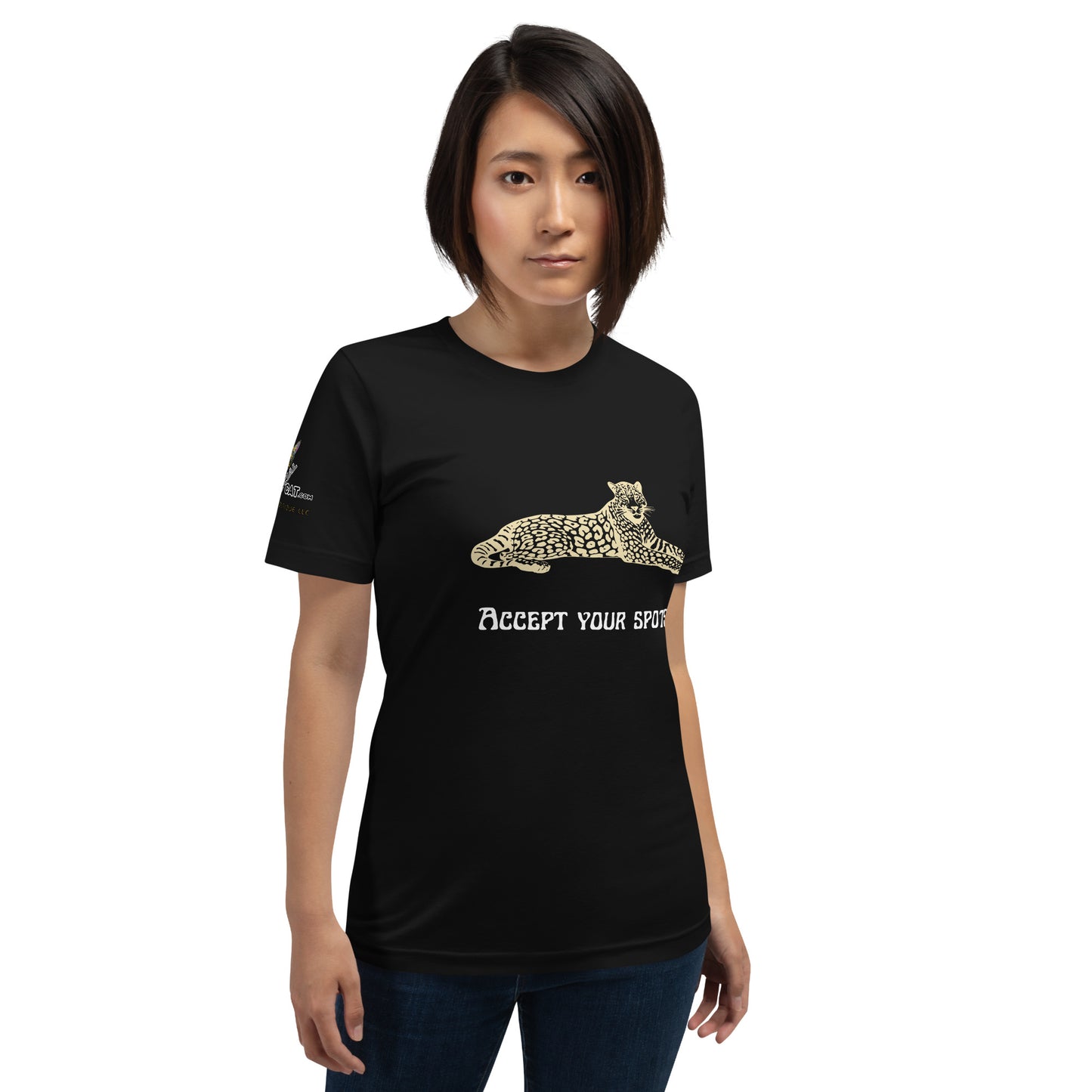 young asian woman wearing unisex black tshirt on white background