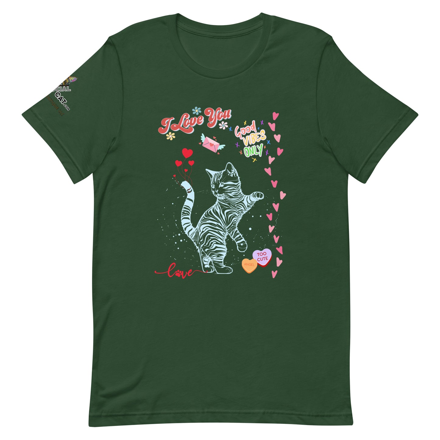 unisex forest green tshirt on white background i love you good vibes only
