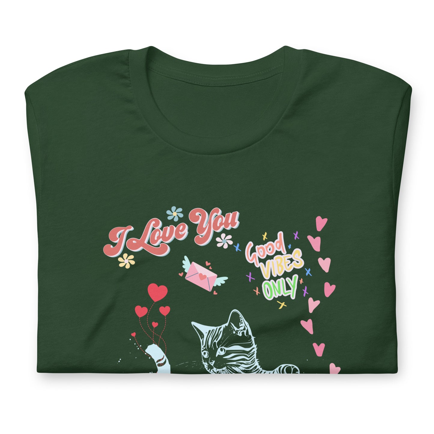 close up unisex forest green tshirt on white background i love you good vibes only