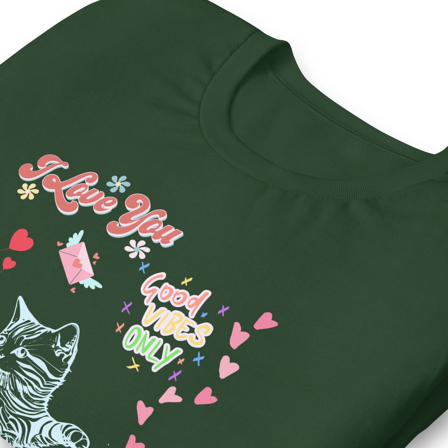 close up unisex forest green tshirt on white background i love you good vibes only