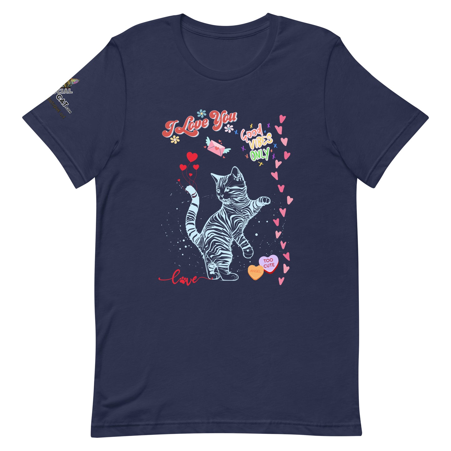 unisex navy tshirt on white background i love you good vibes only