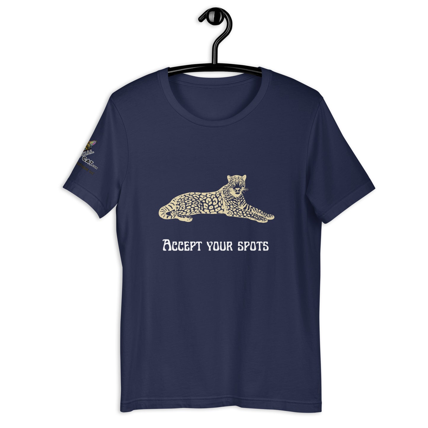 unisex navy tshirt on hanger on white background