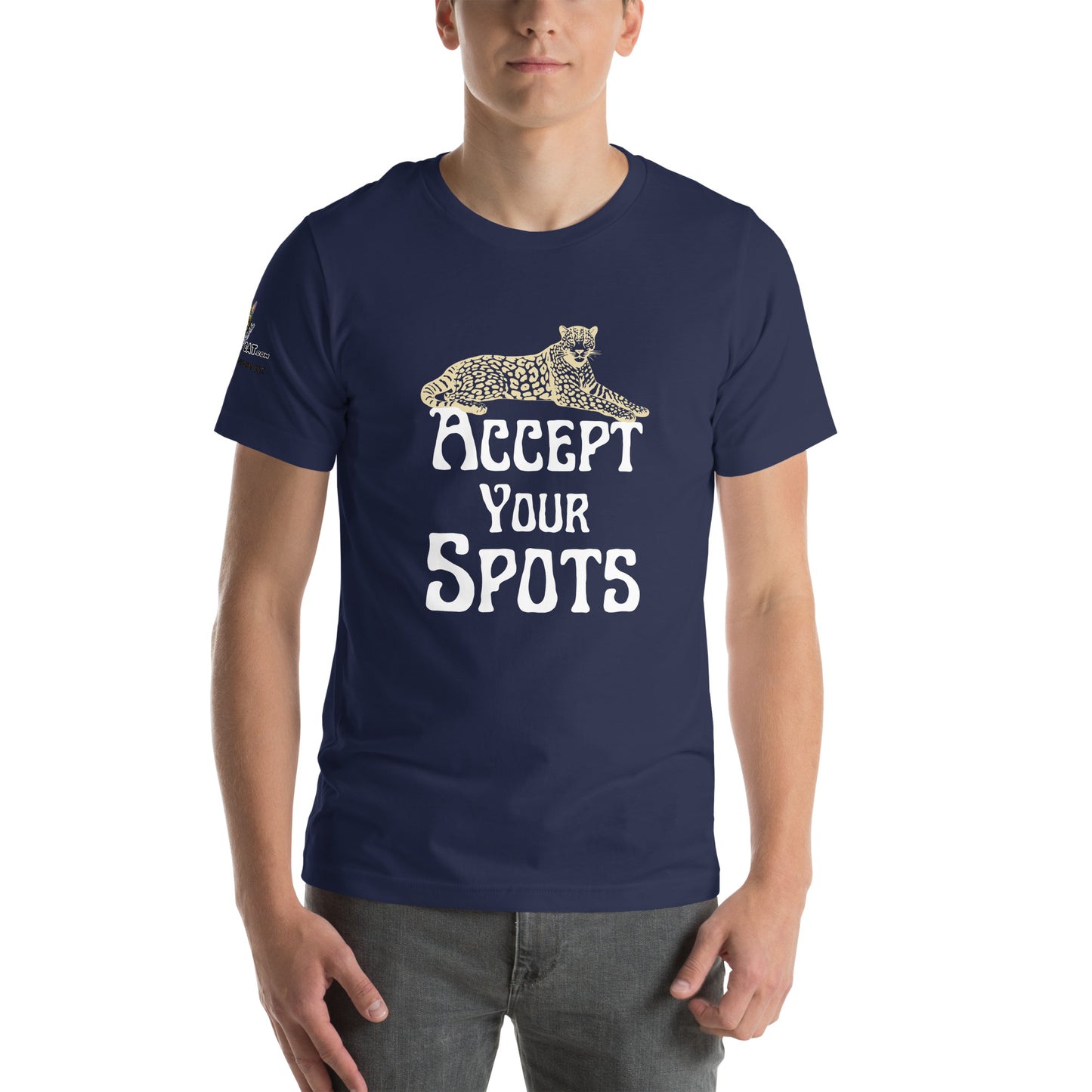 young white male wearing navy tshirt on white background
