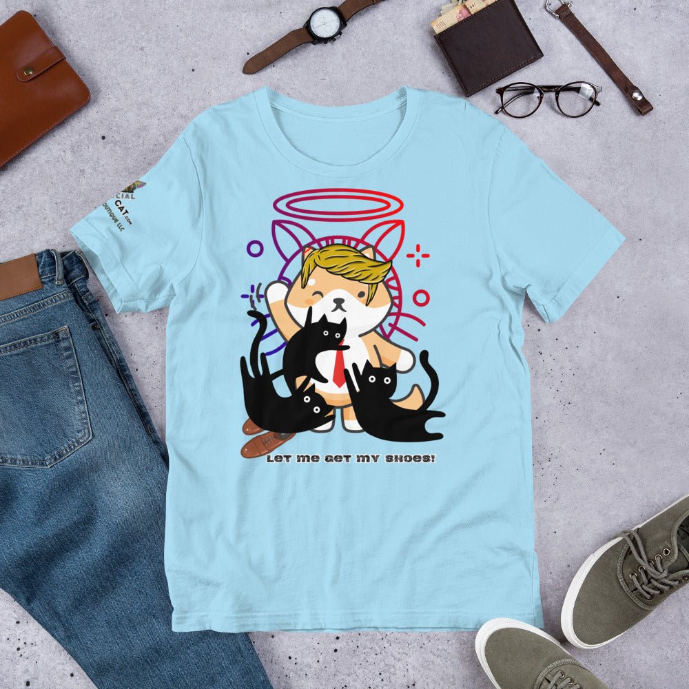 unisex staple ocean blue cotton tshirt front trump top dog design let me get my shoes