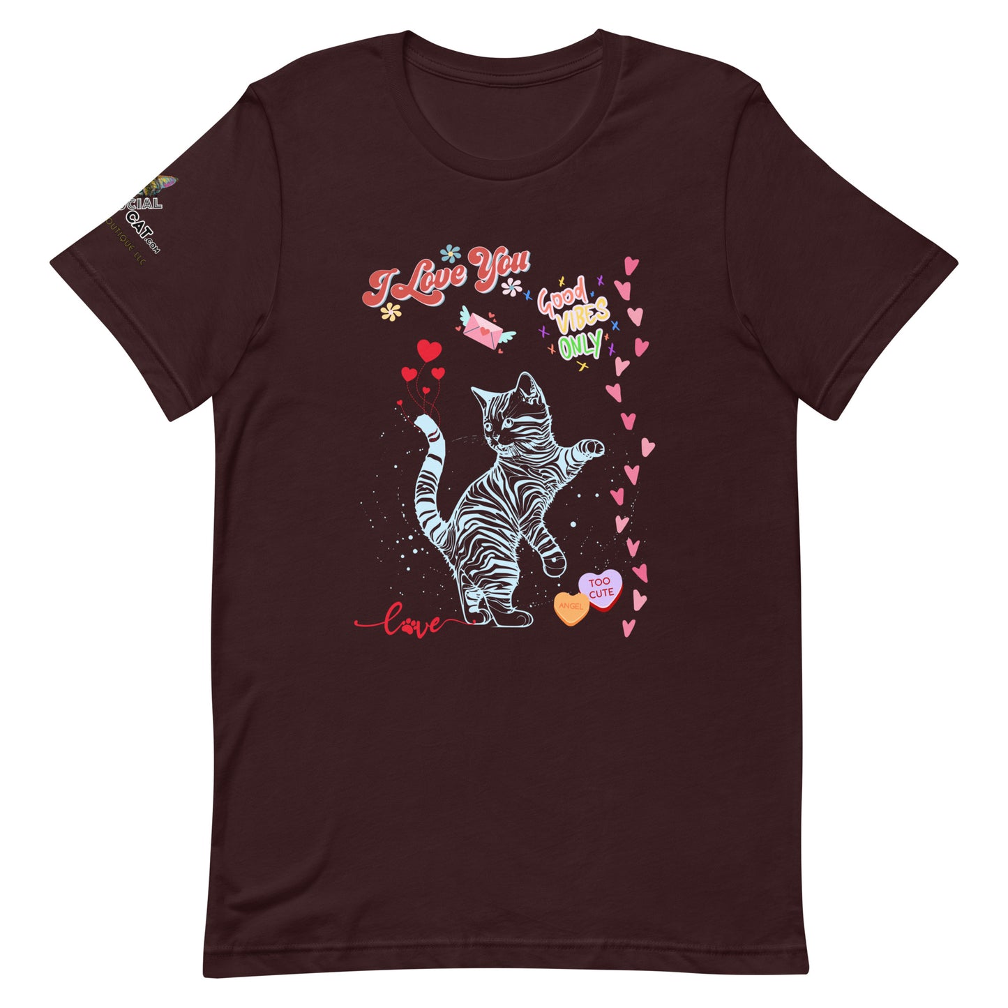 unisex oxblood black tshirt on white background i love you good vibes only