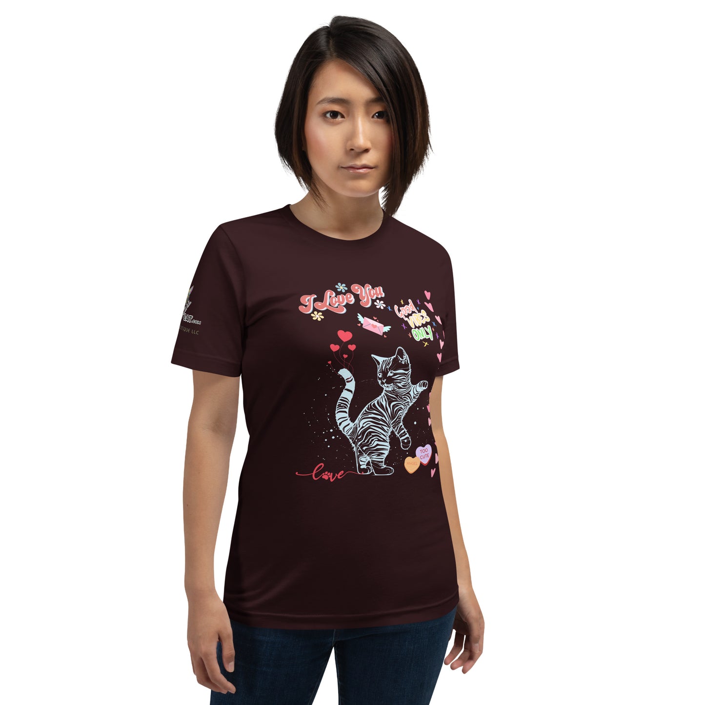 young woman wearing unisex oxblood black tshirt on white background i love you good vibes only