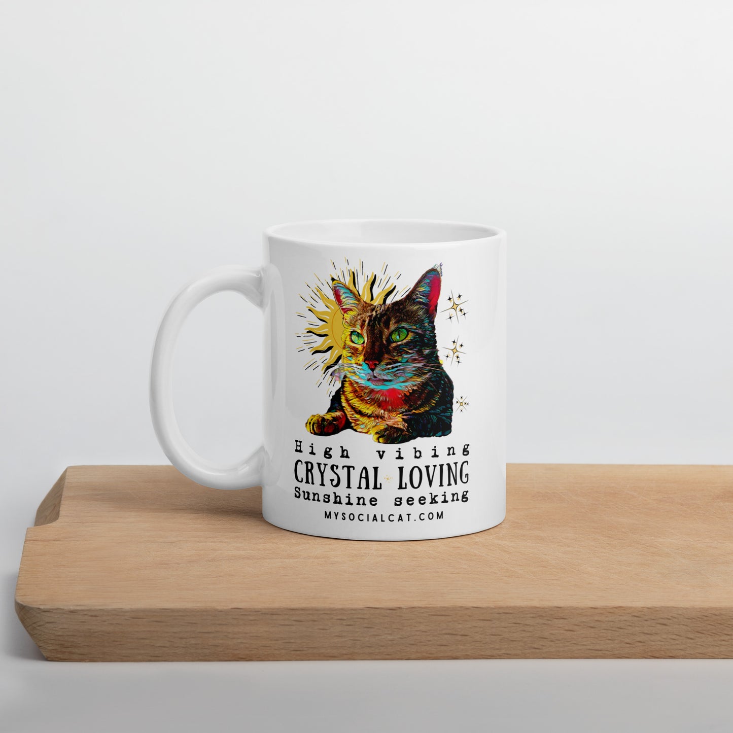 white glossy mug 11oz cutting board, cat design, mysocialcat.com