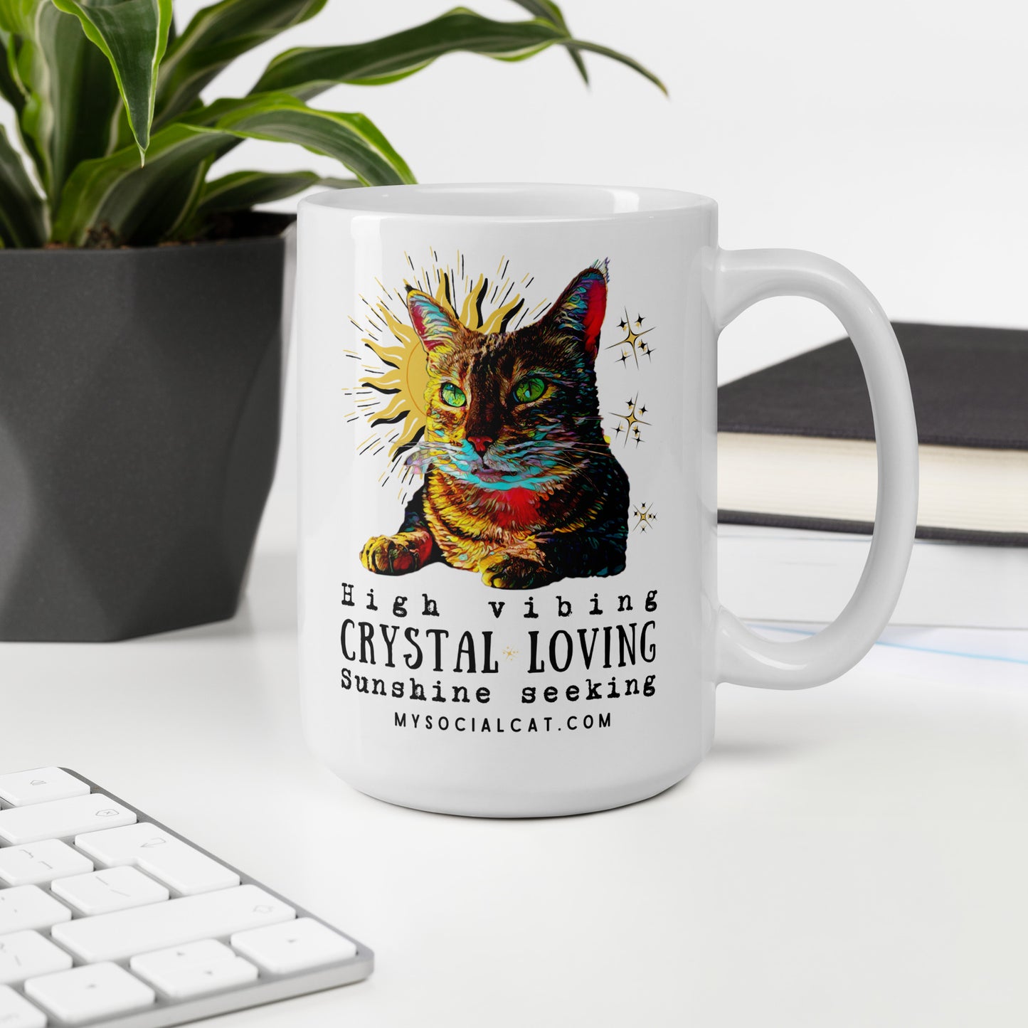 white glossy mug 15oz office desk cat design, mysocialcat.com