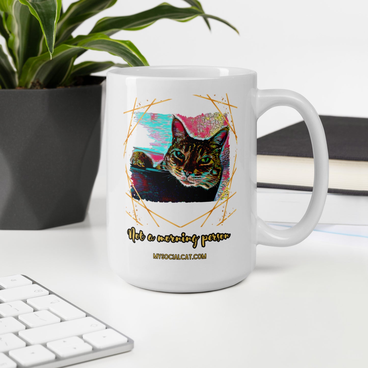 white ceramic mug with cat graphic not a morning person buy mysocialcat.com