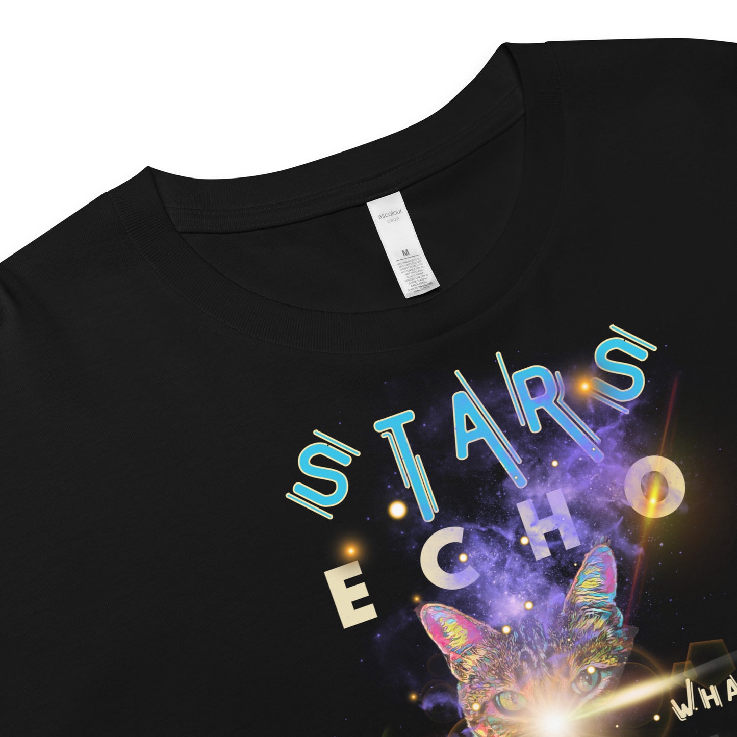 Black t-shirt with 'STARS ECHO' design featuring a cat and galaxy theme.