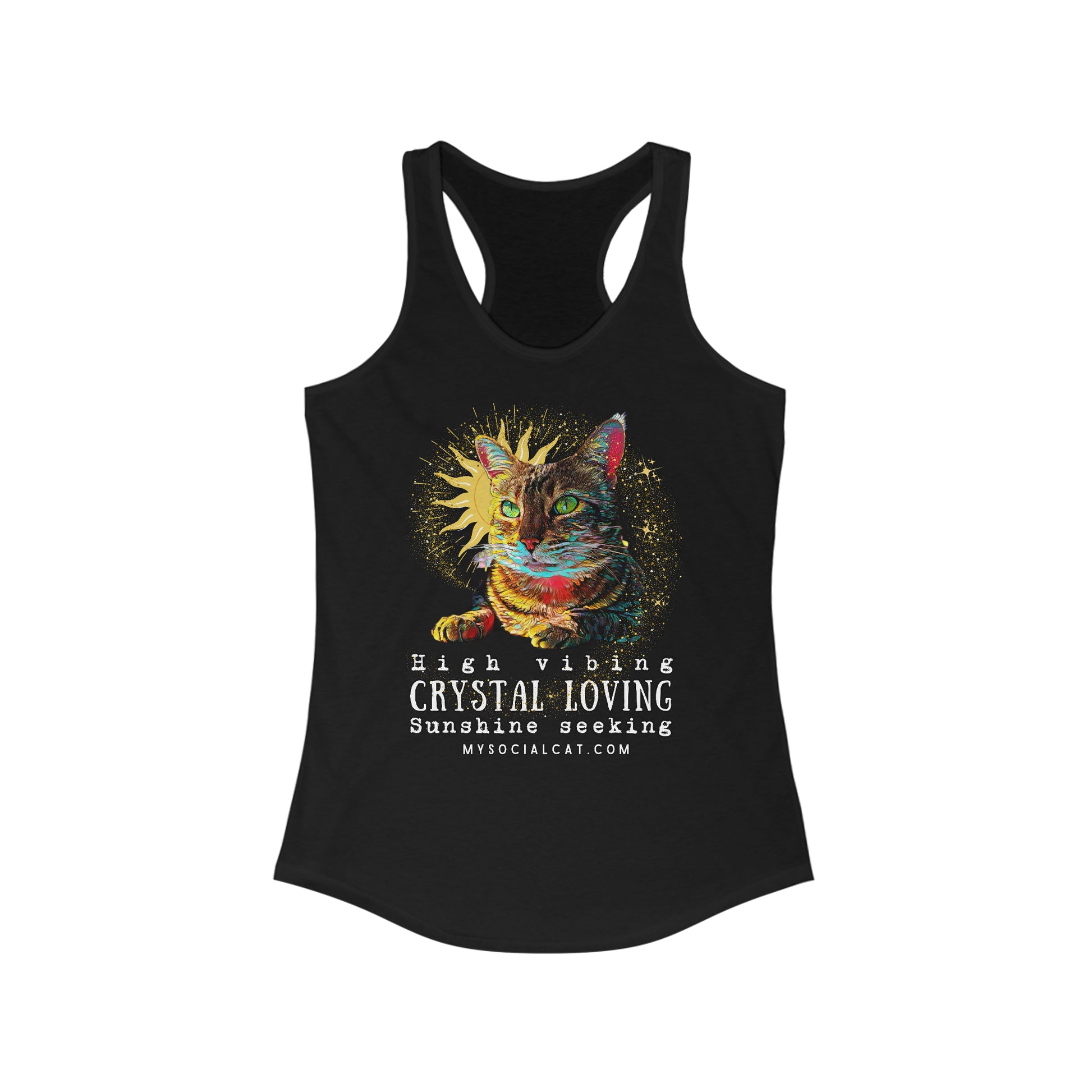 womens black racerback tank top cat design, mysocialcat.com