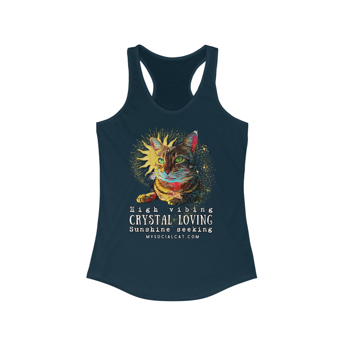 womens navy racerback tank top cat design, mysocialcat.com