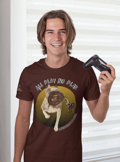 young man holding controller wearing oxblood black t-shirt smiling