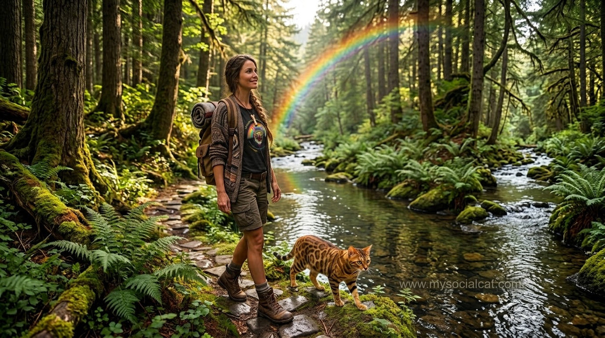 A woman hiking through a lush green forest beside a stream, carrying a large brown backpack, with a small orange tabby cat at her side and a bright rainbow arching overhead.