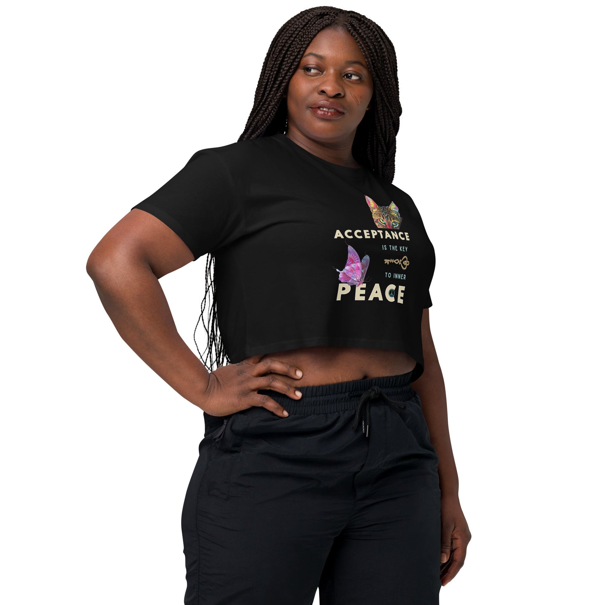 Acceptance is the Key to Inner Peace Women’s Crop Top - My Social Cat Bonafide Boutique LLCAcceptance is the Key to Inner Peace Women’s Crop TopT-shirtMy Social Cat Bonafide Boutique LLCBlackSacceptancecrop
