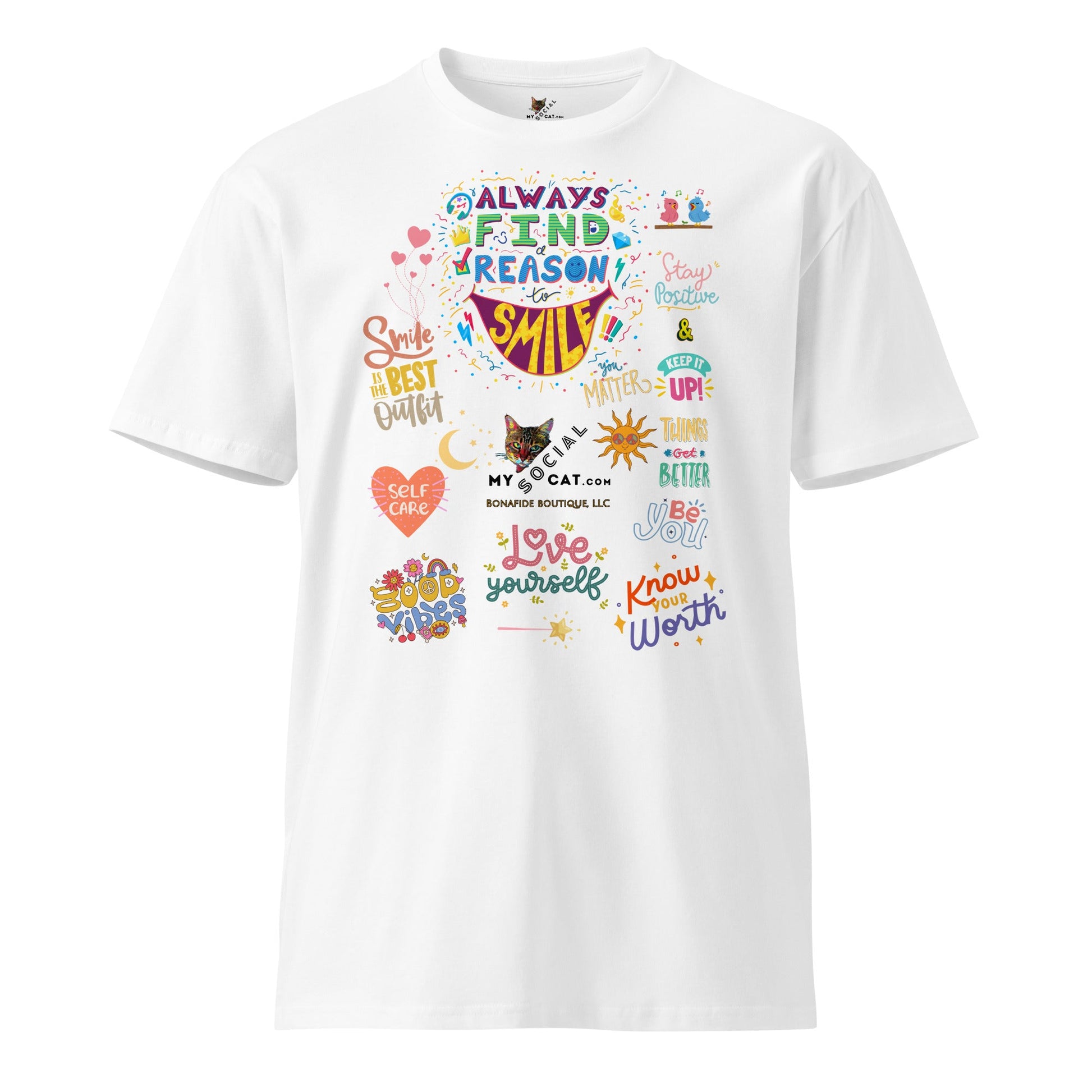 Always Find the Reason to Smile Unisex Premium Tee - My Social Cat Bonafide Boutique LLCAlways Find the Reason to Smile Unisex Premium TeeT-shirtMy Social Cat Bonafide Boutique LLCWhiteSauthenticcotton