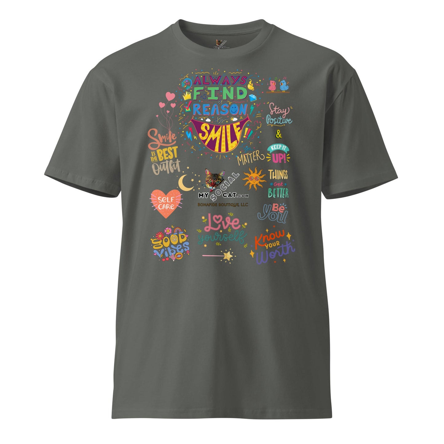 Always Find the Reason to Smile Unisex Premium Tee - My Social Cat Bonafide Boutique LLCAlways Find the Reason to Smile Unisex Premium TeeT-shirtMy Social Cat Bonafide Boutique LLCCharcoalSauthenticcotton