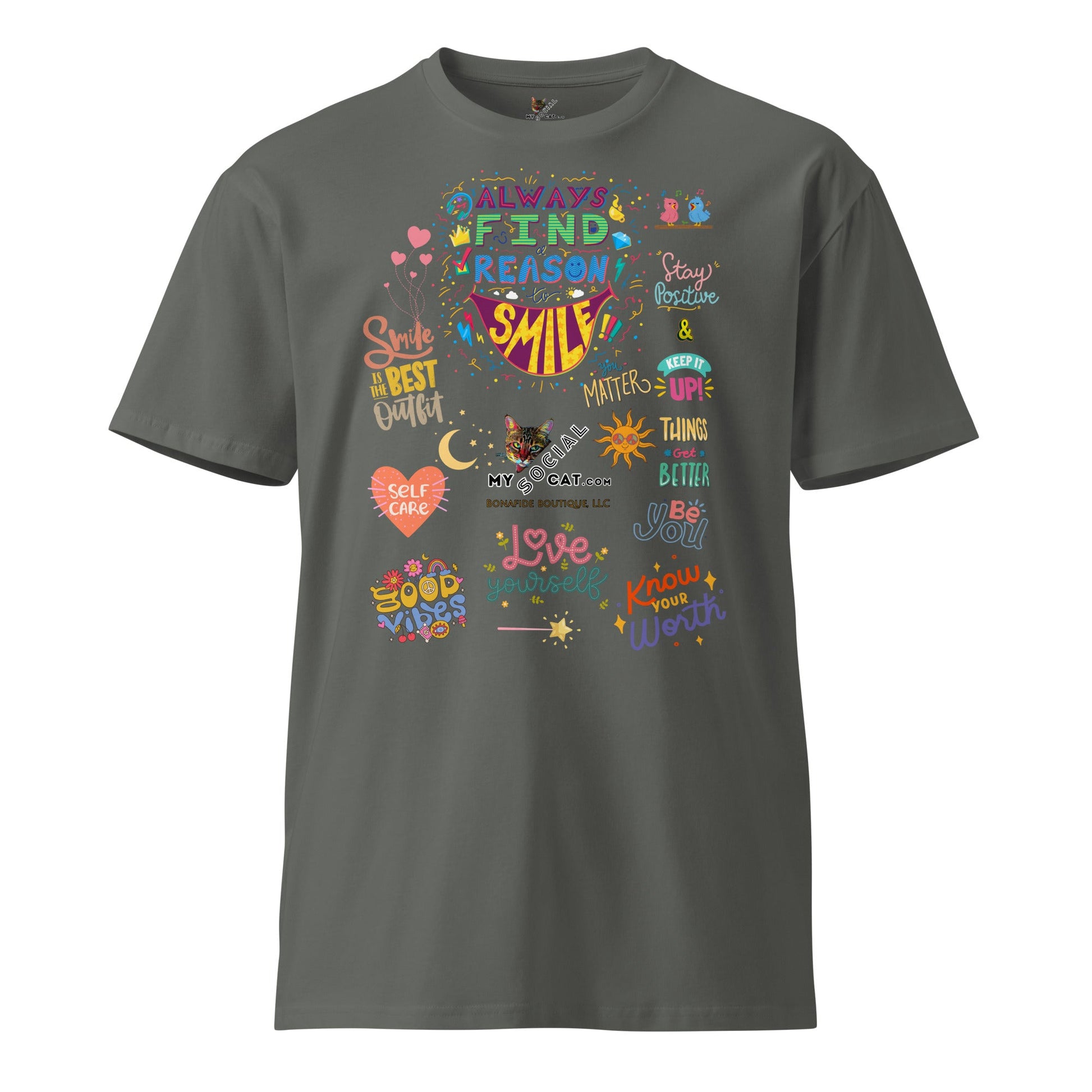 Always Find the Reason to Smile Unisex Premium Tee - My Social Cat Bonafide Boutique LLCAlways Find the Reason to Smile Unisex Premium TeeT-shirtMy Social Cat Bonafide Boutique LLCCharcoalSauthenticcotton