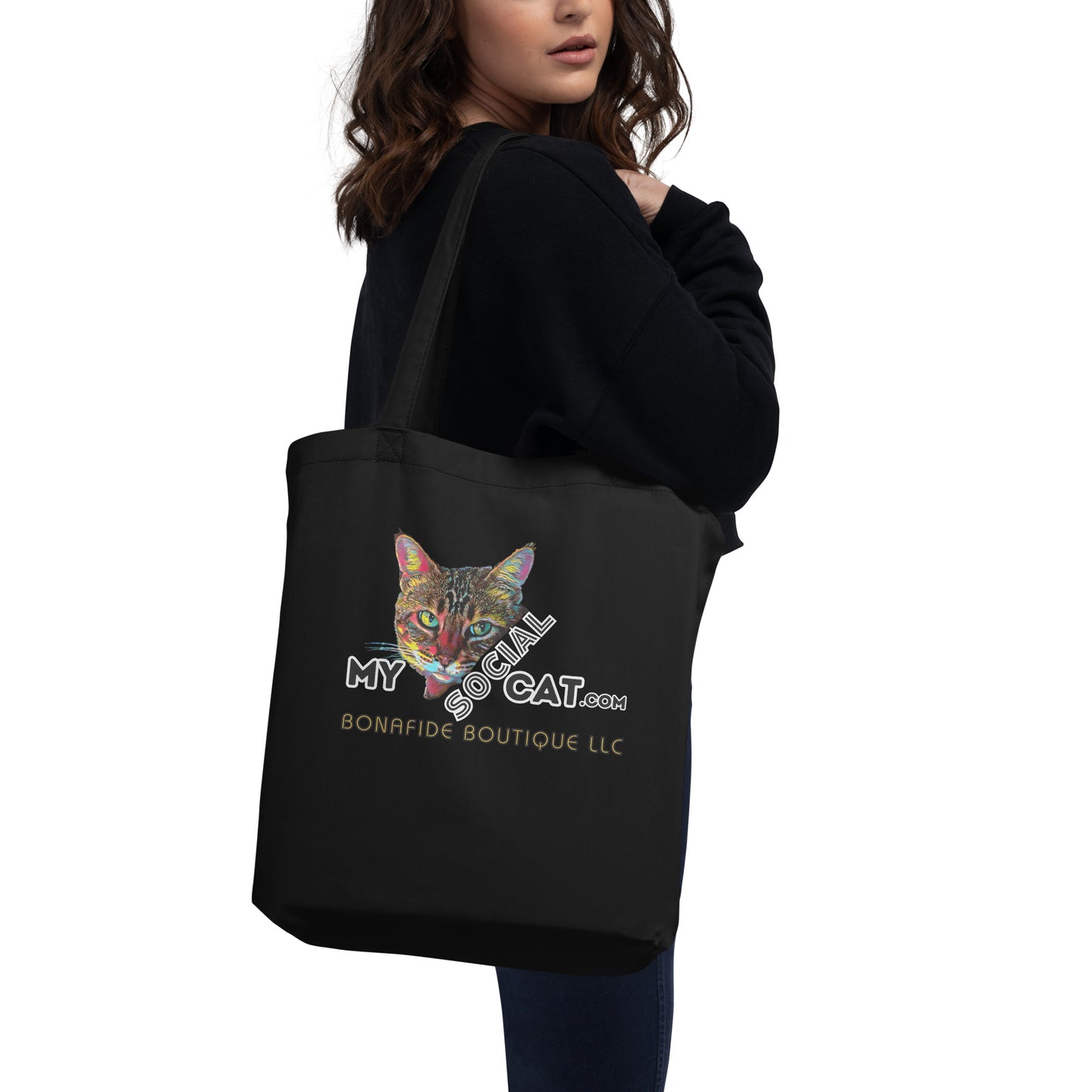 eco-tote-bag-black-back-66a1817aca083 young woman holding bag logo mysocialcat.com