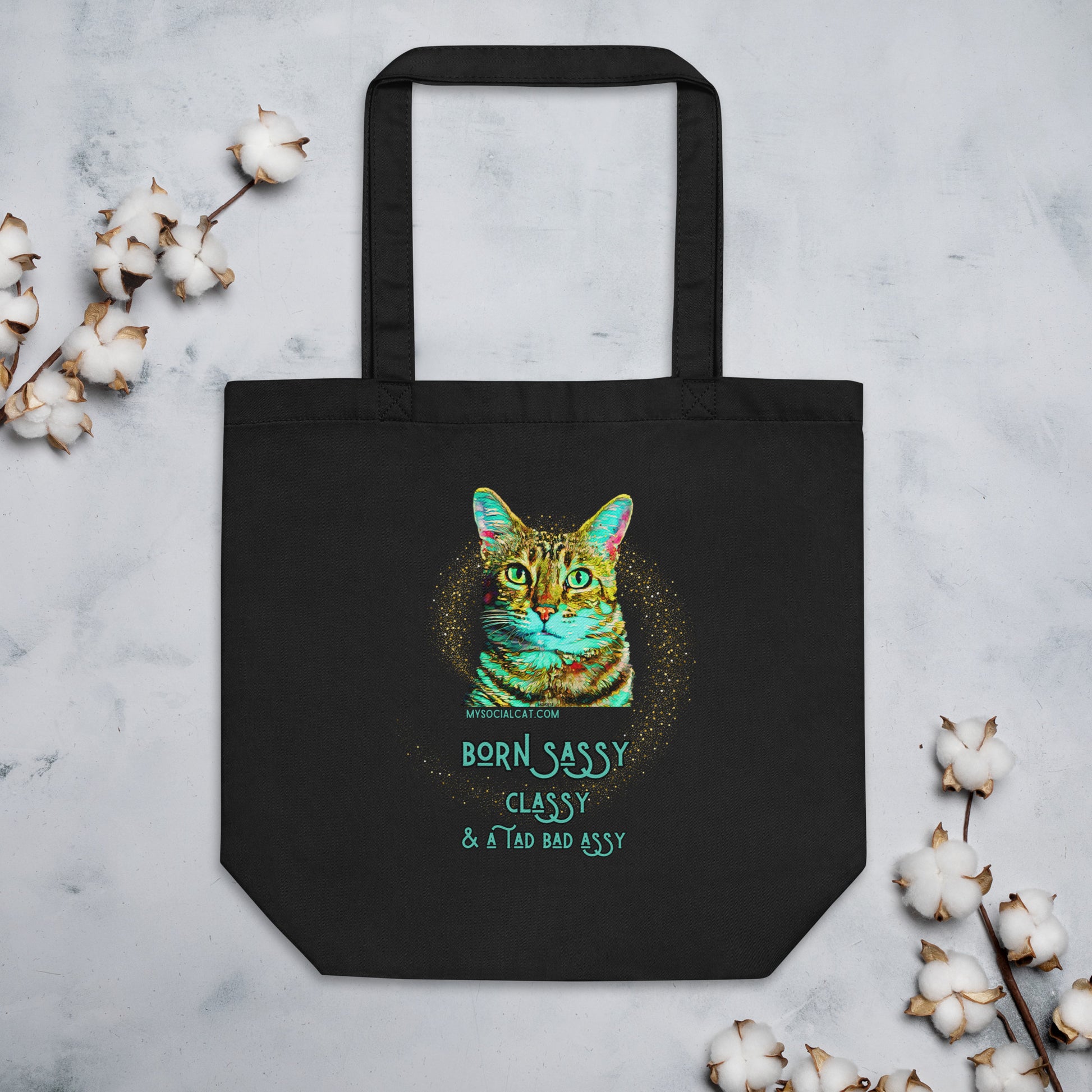 eco tote bag black front cat