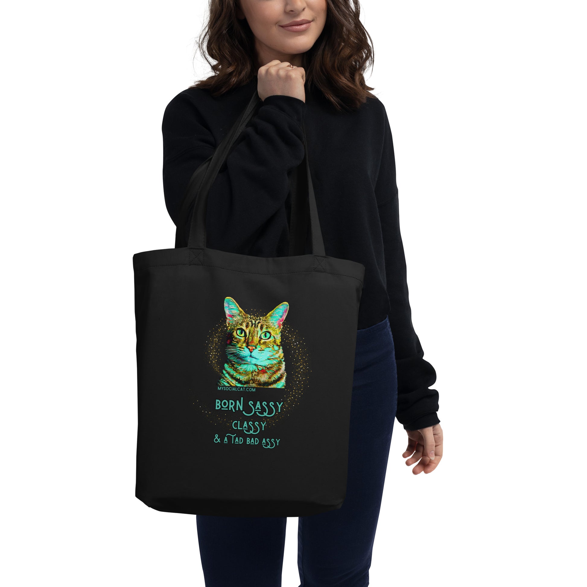 woman holding black eco tote back cat design 