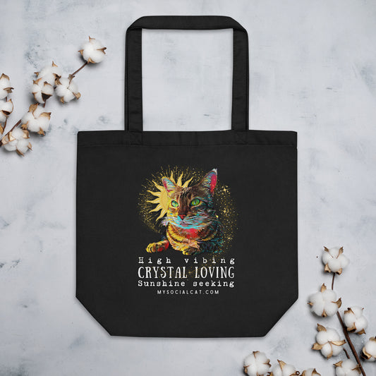 eco tote bag organic cotton black front veiw cat design crustal loving, mysocialcat.com