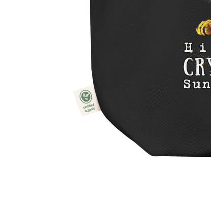 close up of organic cotton tote bag, tag certified organic