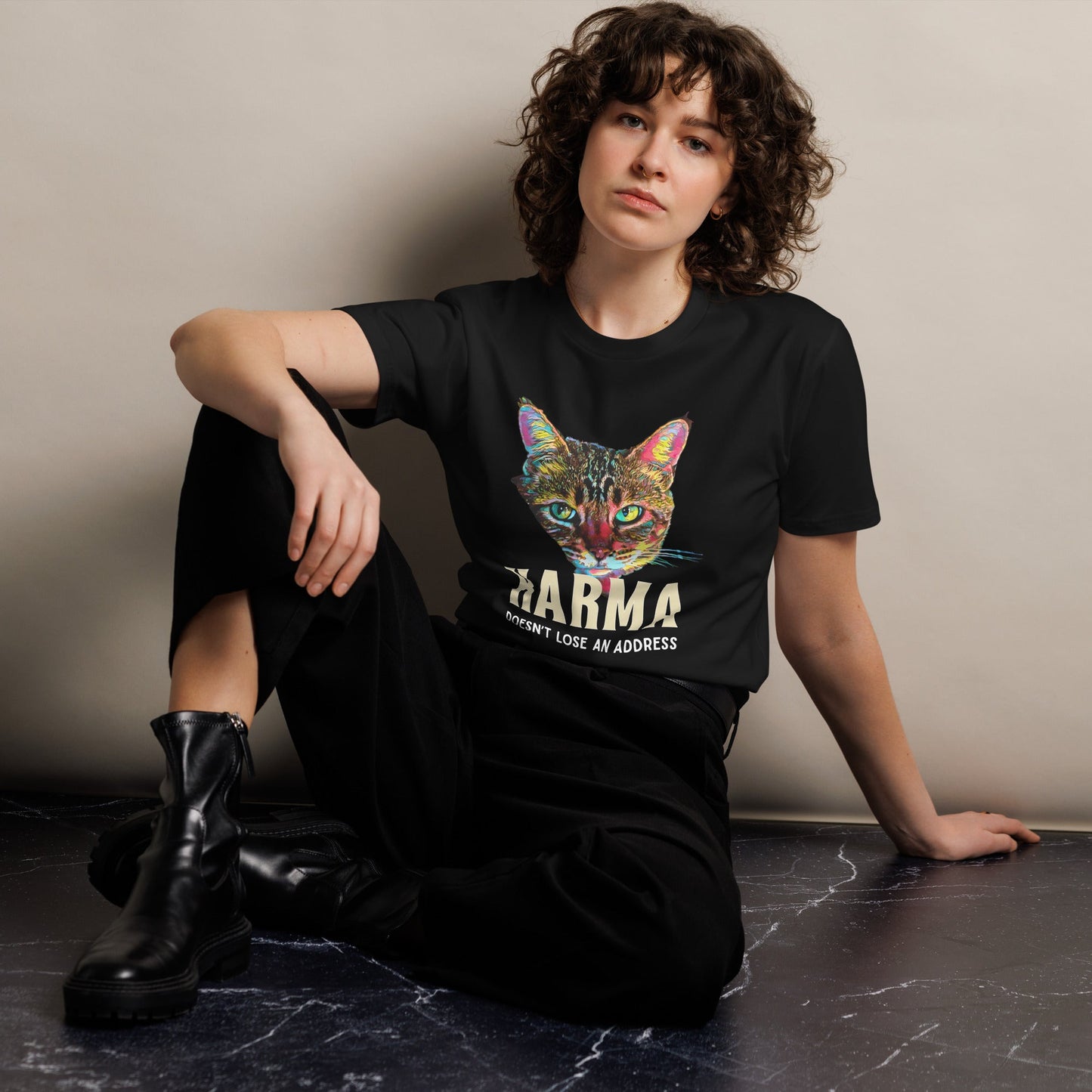 Karma Doesn't Lose an Address Unisex Premium Tee - My Social Cat Bonafide Boutique LLCKarma Doesn't Lose an Address Unisex Premium TeeT-shirtMy Social Cat Bonafide Boutique LLCScatkarma