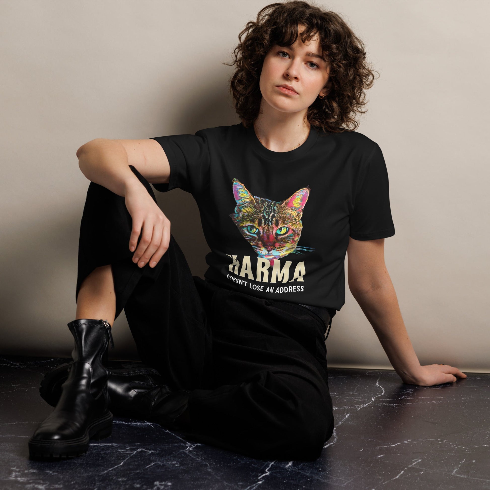 Karma Doesn't Lose an Address Unisex Premium Tee - My Social Cat Bonafide Boutique LLCKarma Doesn't Lose an Address Unisex Premium TeeT-shirtMy Social Cat Bonafide Boutique LLCScatkarma