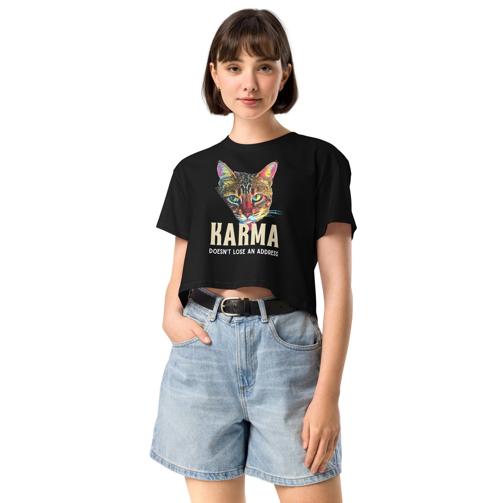 Karma Doesn't Lose an Address Women’s Crop Top - My Social Cat Bonafide Boutique LLCKarma Doesn't Lose an Address Women’s Crop Topcrop topMy Social Cat Bonafide Boutique LLCBlackXSaddresscat
