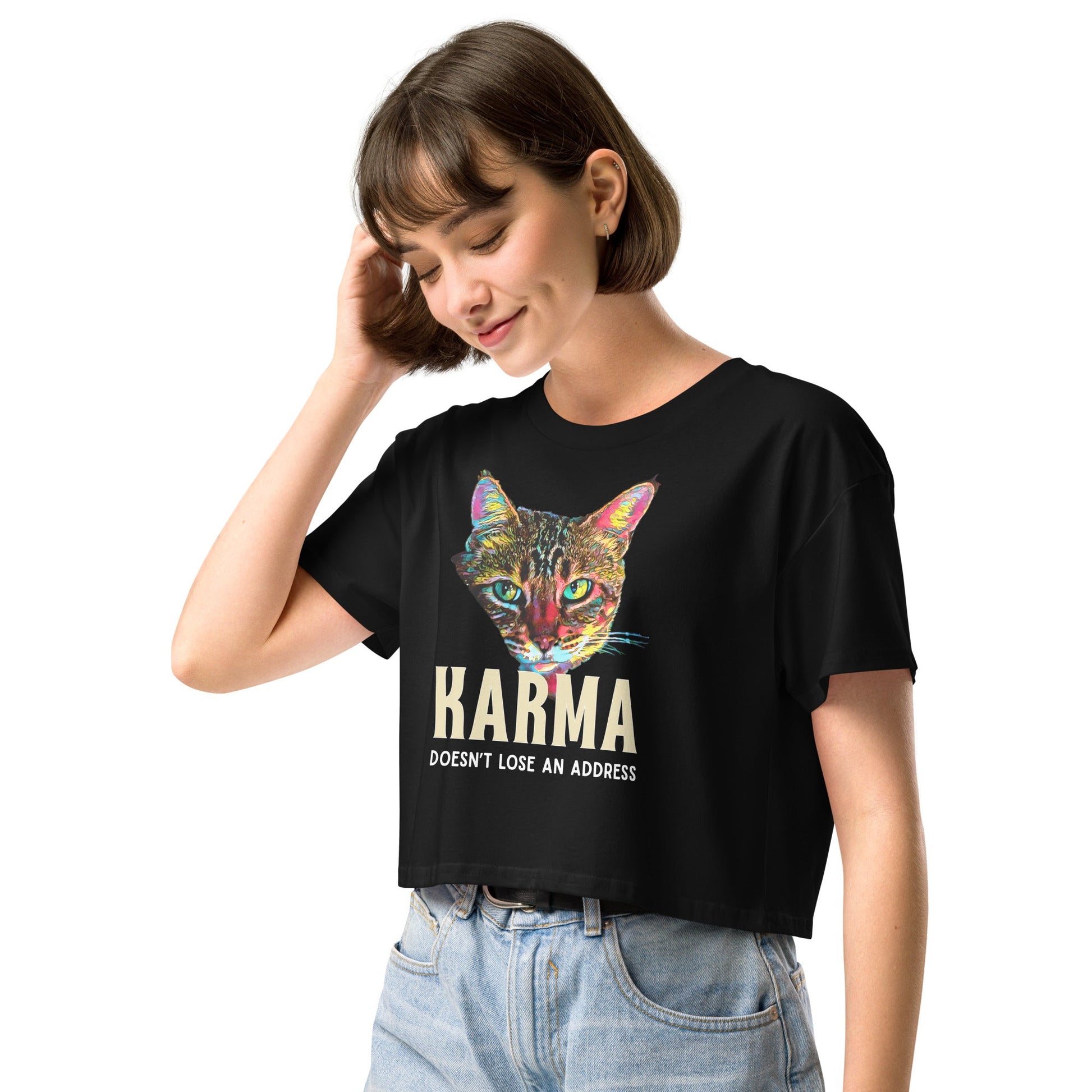 Karma Doesn't Lose an Address Women’s Crop Top - My Social Cat Bonafide Boutique LLCKarma Doesn't Lose an Address Women’s Crop Topcrop topMy Social Cat Bonafide Boutique LLCBlackXSaddresscat