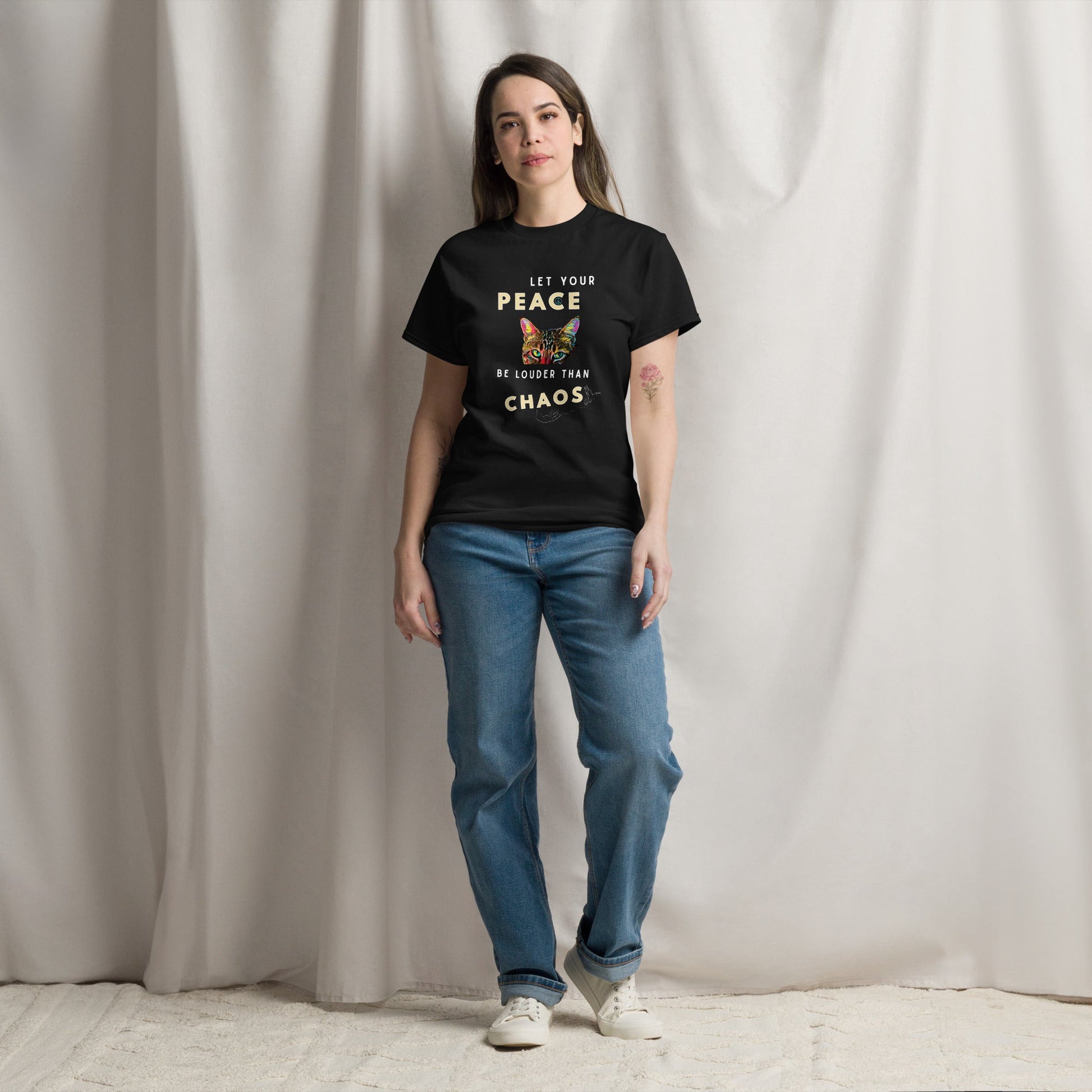 Let Your Peace be Louder than Chaos Unisex Classic Tee - My Social Cat Bonafide Boutique LLCLet Your Peace be Louder than Chaos Unisex Classic TeeT-shirtMy Social Cat Bonafide Boutique LLCScatchaos