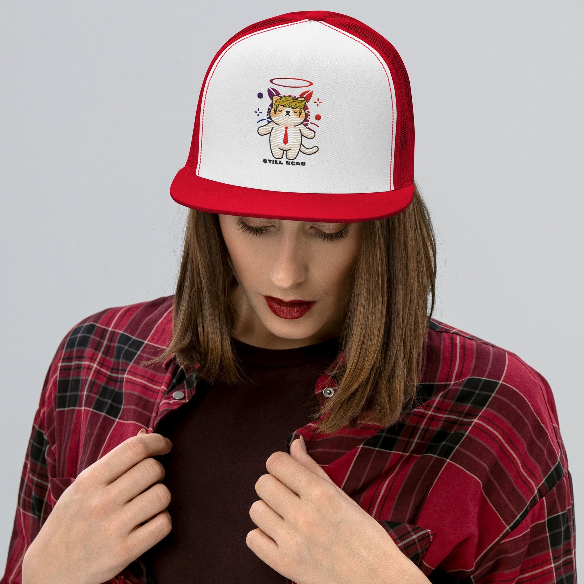 New!! Still Here Embroidered Trucker Cap - My Social Cat Bonafide Boutique LLCNew!! Still Here Embroidered Trucker CapHatMy Social Cat Bonafide Boutique LLCRed/ White/ Redcaphat
